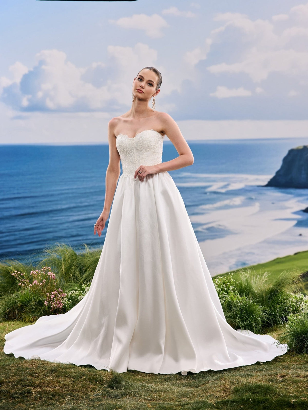 Pelina white A-Line wedding dress, detail and alternate angle