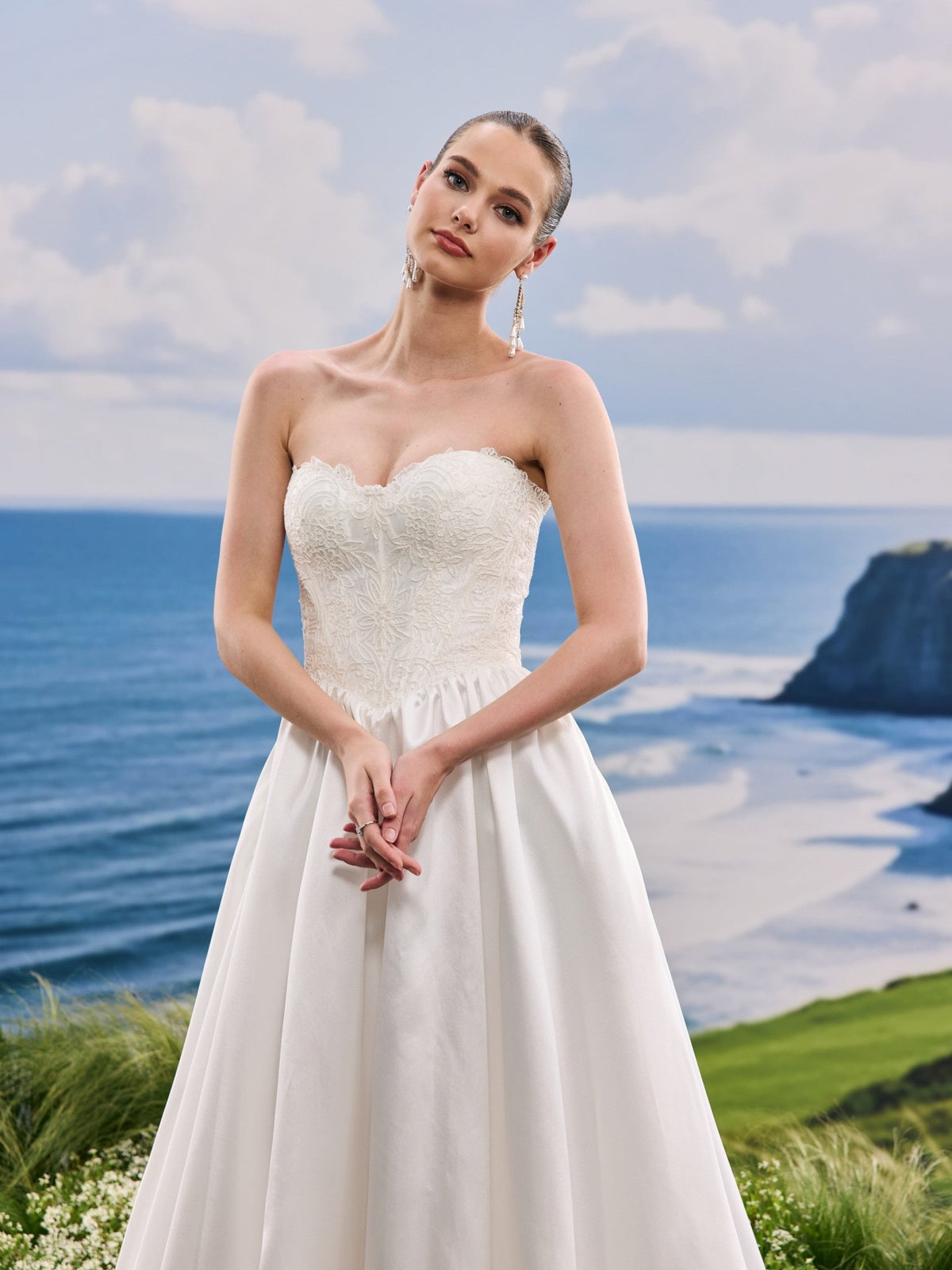 Pelina white A-Line wedding dress, detail and alternate angle