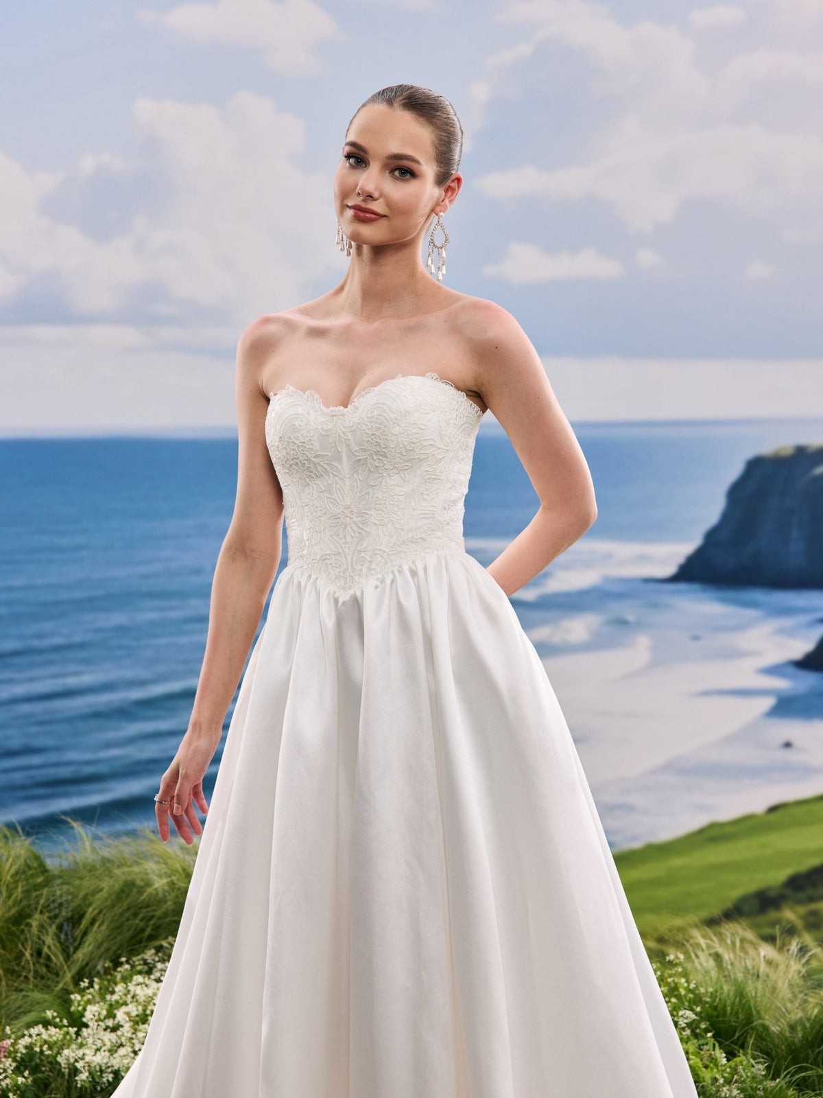 Pelina white A-Line wedding dress, detail and alternate angle