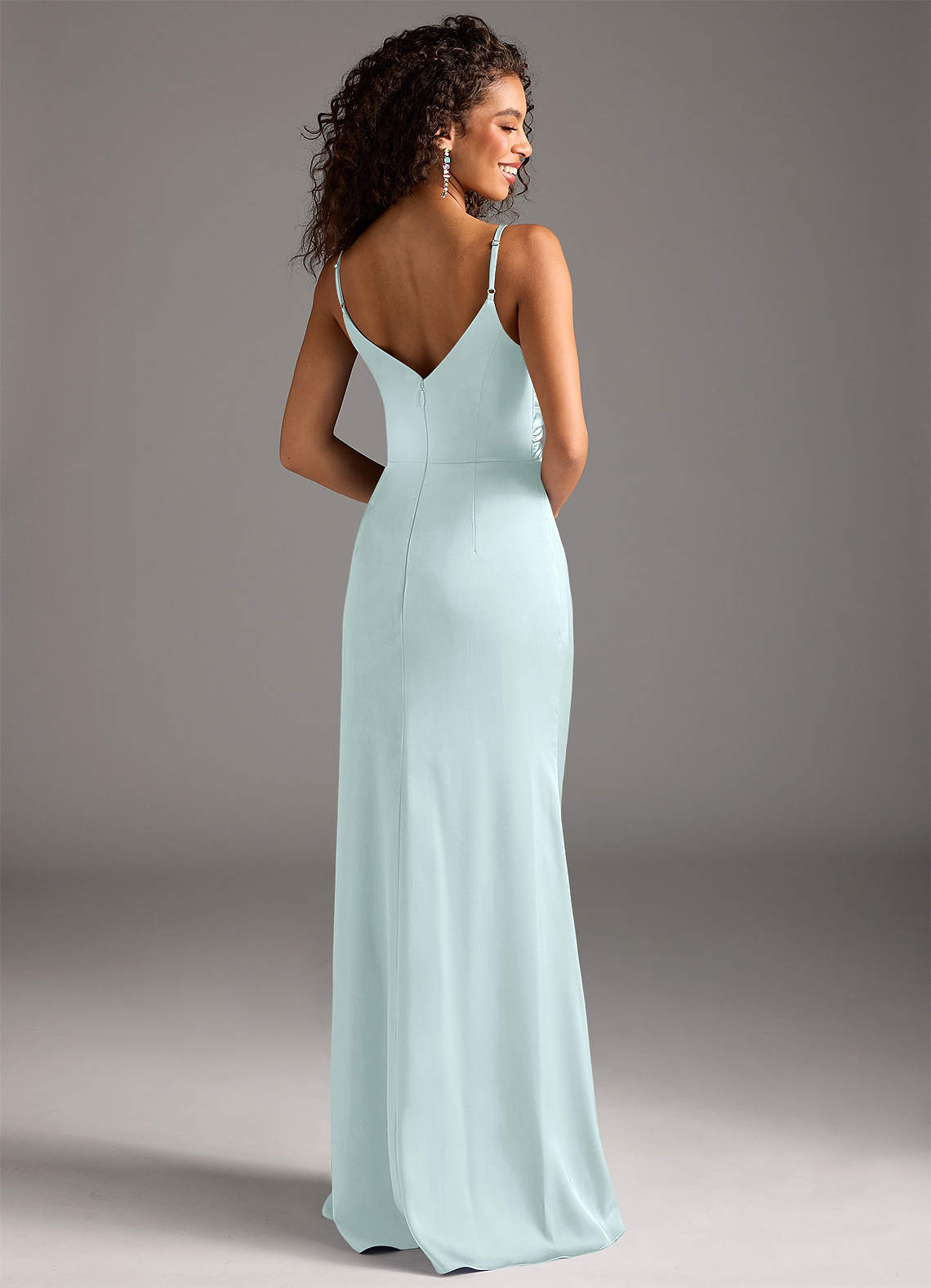 Deandra Mermaid Cowl-Neck Stretch Satin Bridesmaid Dress in Sea Glass