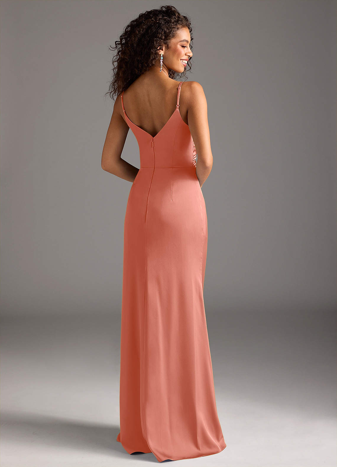 Deandra Mermaid Cowl-Neck Stretch Satin Bridesmaid Dress in Salmon Pink