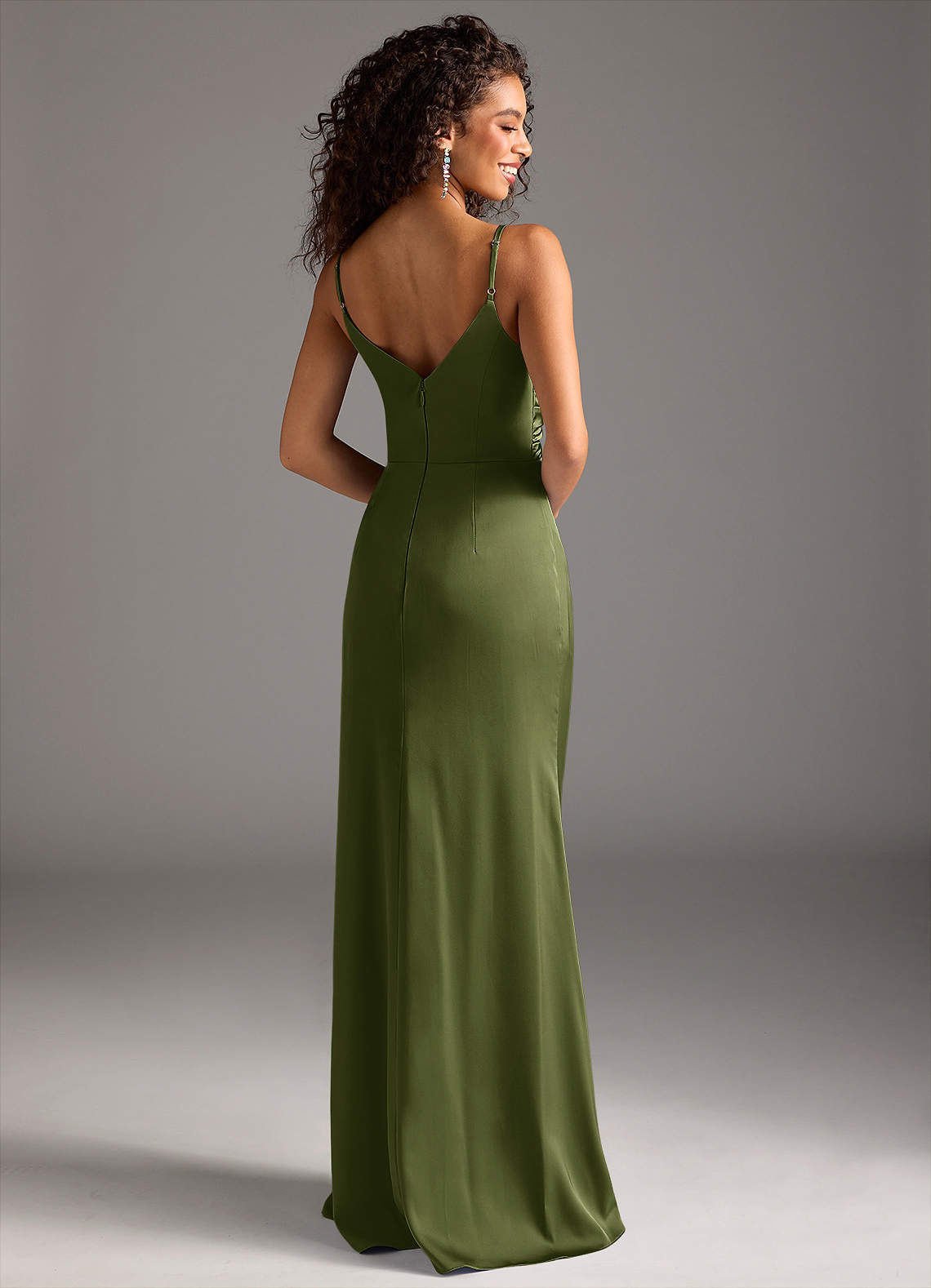 Deandra Mermaid Cowl-Neck Stretch Satin Bridesmaid Dress in Olive