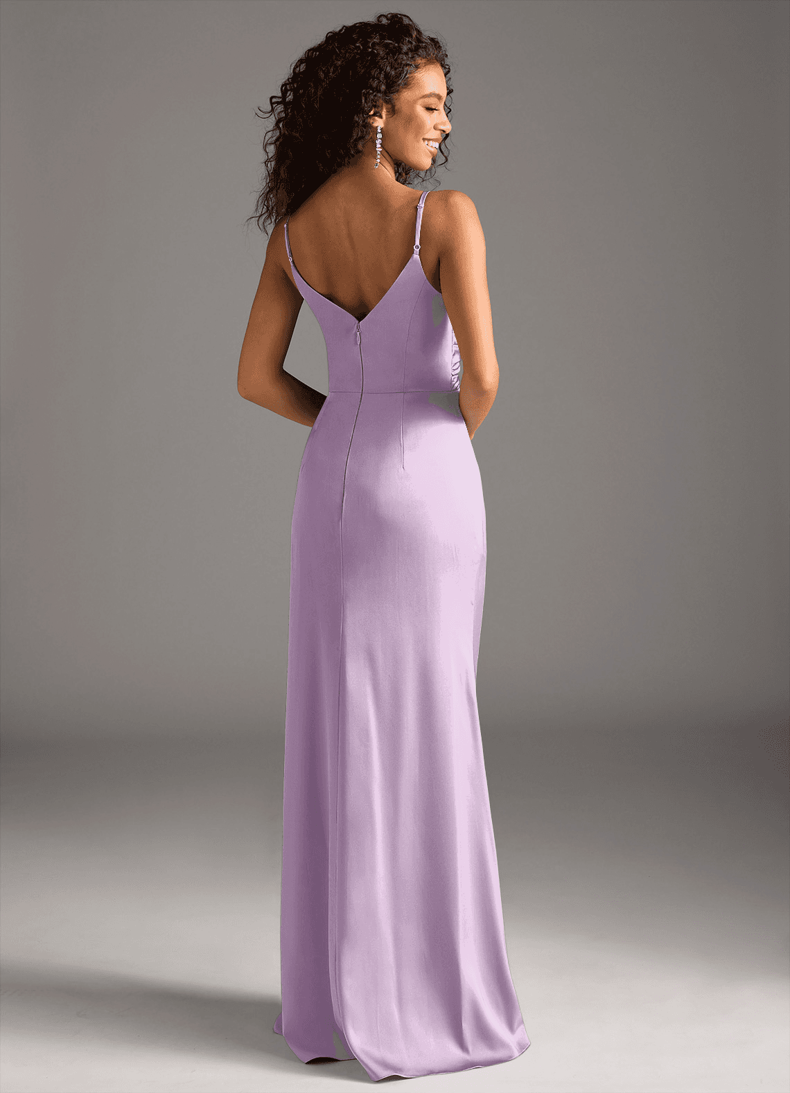 Deandra Mermaid Cowl-Neck Stretch Satin Bridesmaid Dress in Frosted Lilac