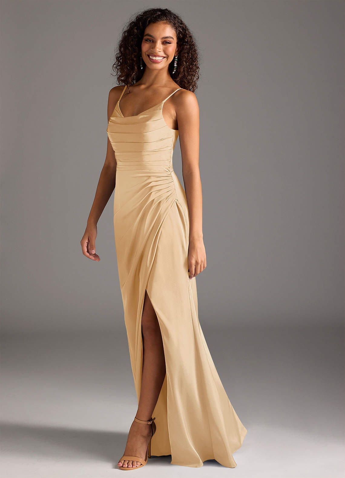 Deandra Mermaid Cowl-Neck Stretch Satin Bridesmaid Dress in butterscotch
