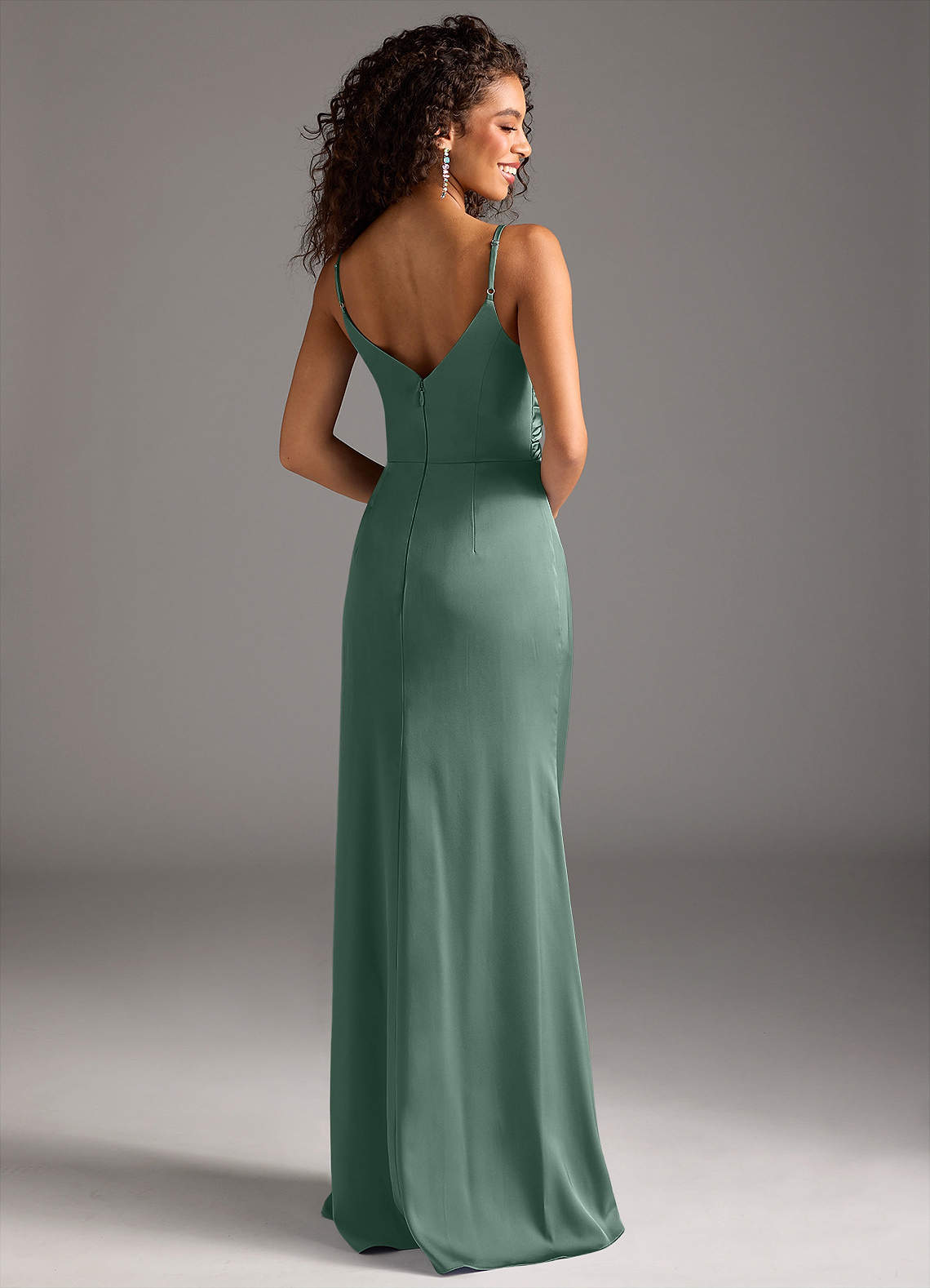 Deandra Mermaid Cowl-Neck Stretch Satin Bridesmaid Dress in Eucalyptus