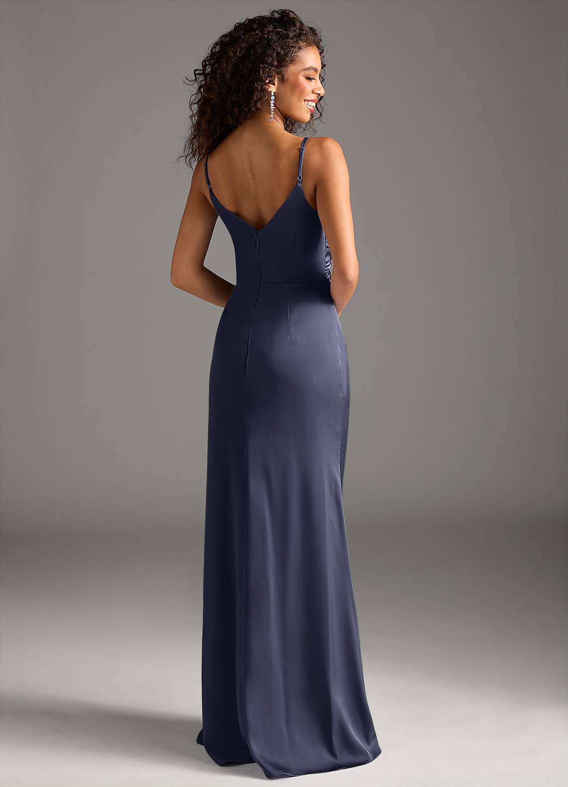 Deandra Mermaid Cowl-Neck Stretch Satin Bridesmaid Dress in Stormy