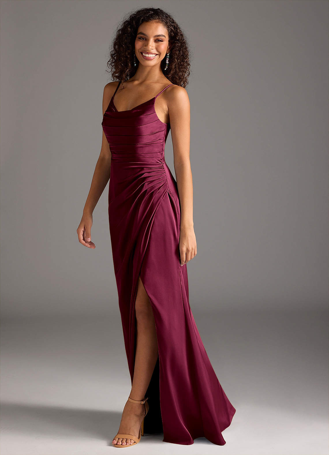 Deandra Mermaid Cowl-Neck Stretch Satin Bridesmaid Dress in Burgundy