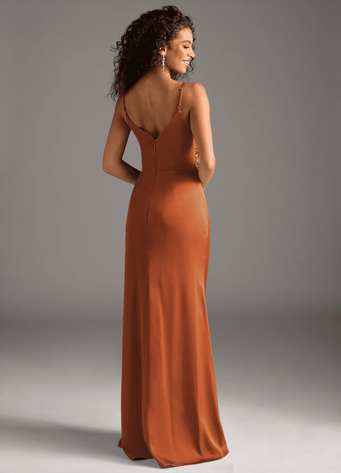 Deandra Mermaid Cowl-Neck Stretch Satin Bridesmaid Dress in Burnt Orange