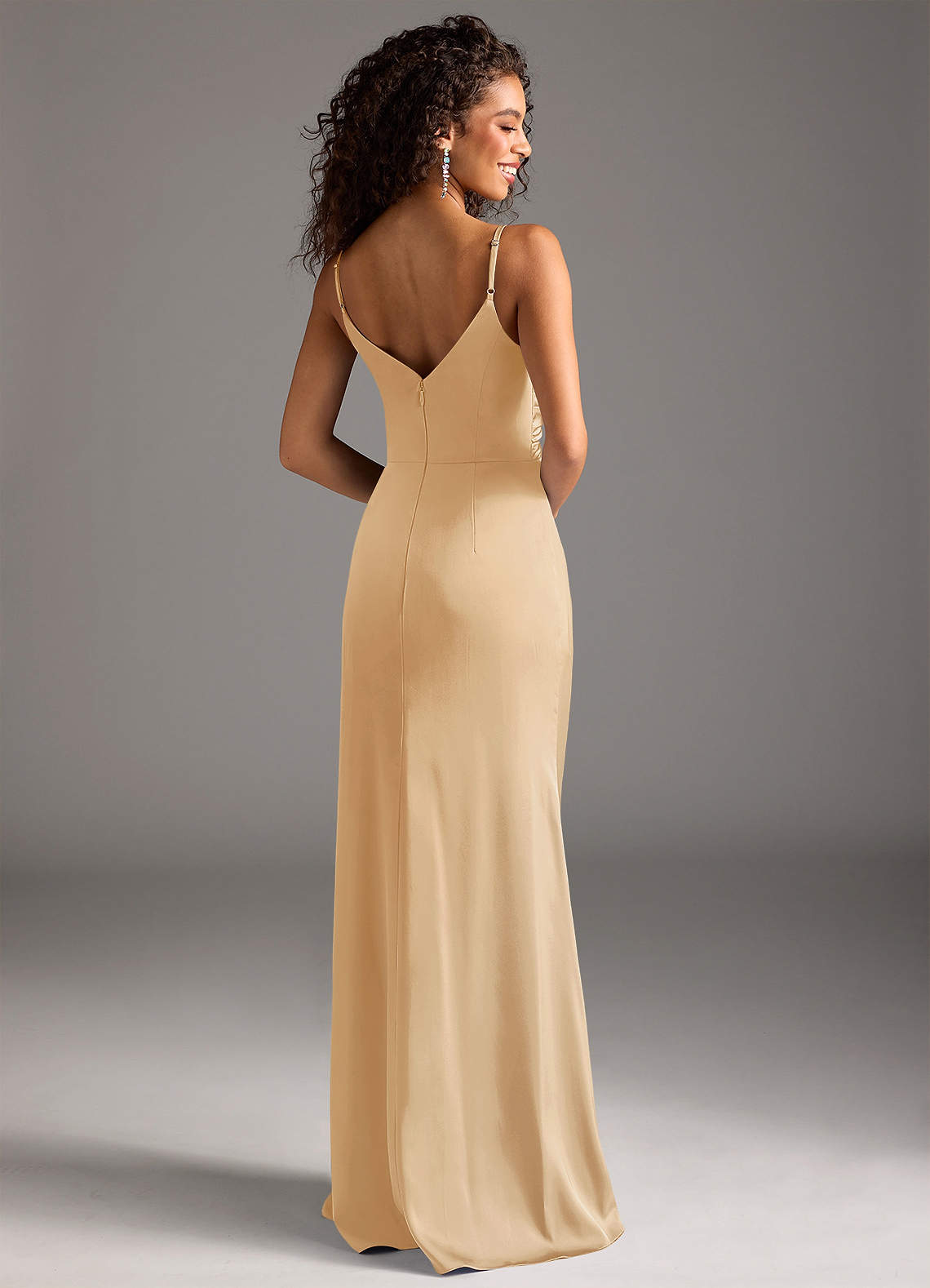 Deandra Mermaid Cowl-Neck Stretch Satin Bridesmaid Dress in butterscotch