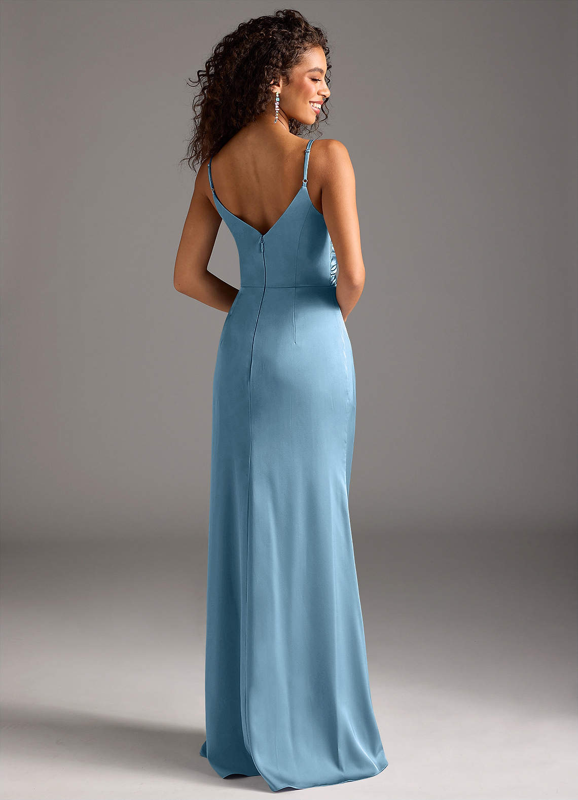Deandra Mermaid Cowl-Neck Stretch Satin Bridesmaid Dress in Steel Blue