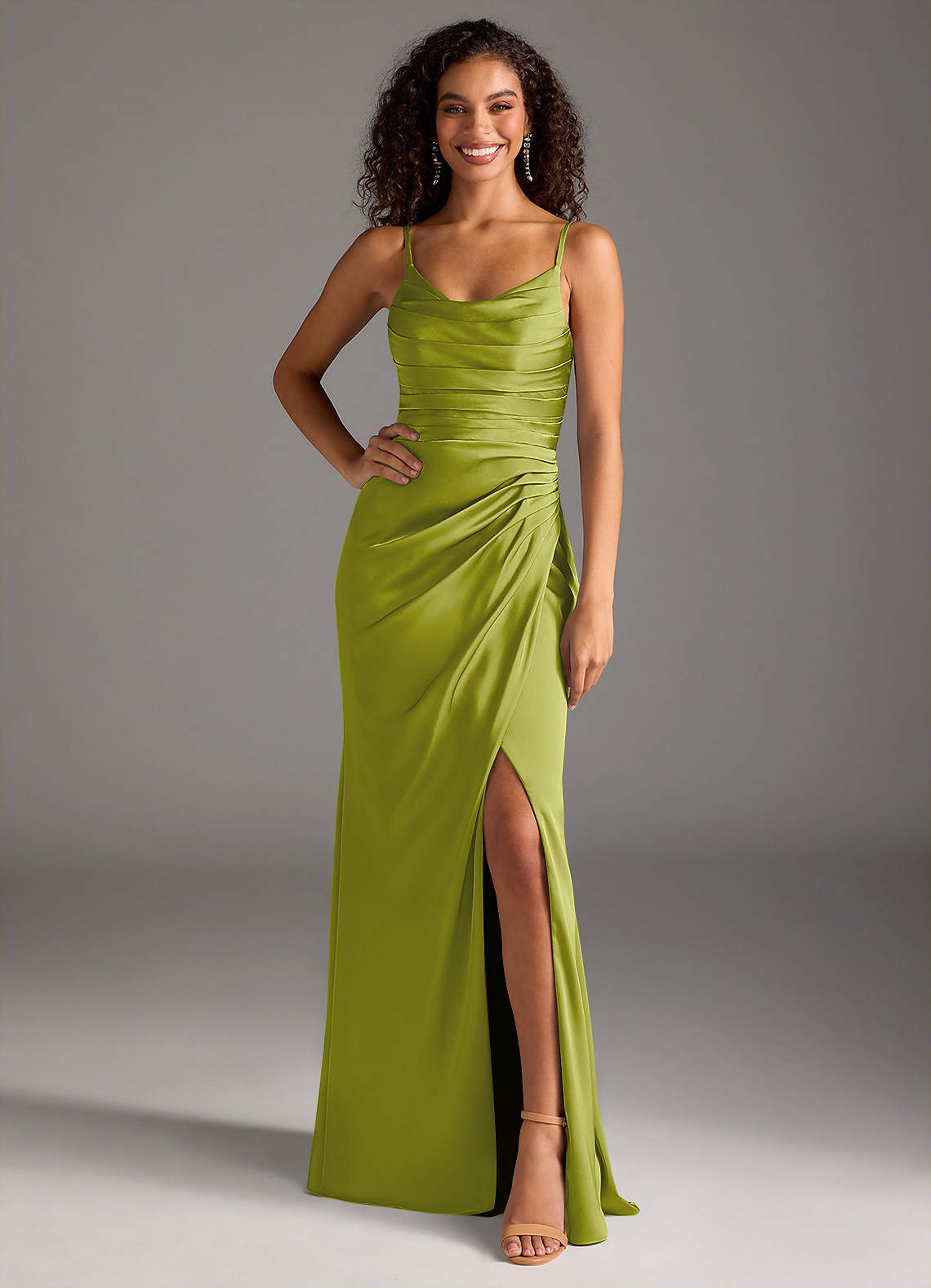 Deandra Mermaid Cowl-Neck Stretch Satin Bridesmaid Dress in Lemongrass