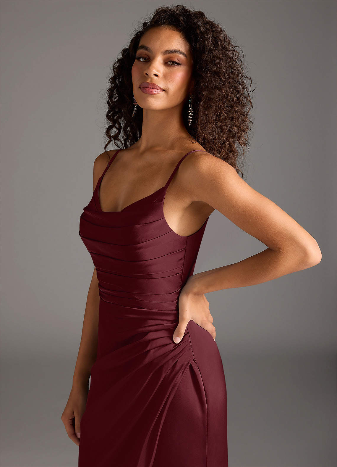 Deandra Mermaid Cowl-Neck Stretch Satin Bridesmaid Dress in Cabernet