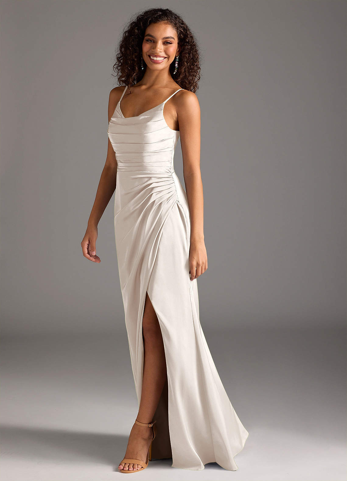 Deandra Mermaid Cowl-Neck Stretch Satin Bridesmaid Dress in Champagne