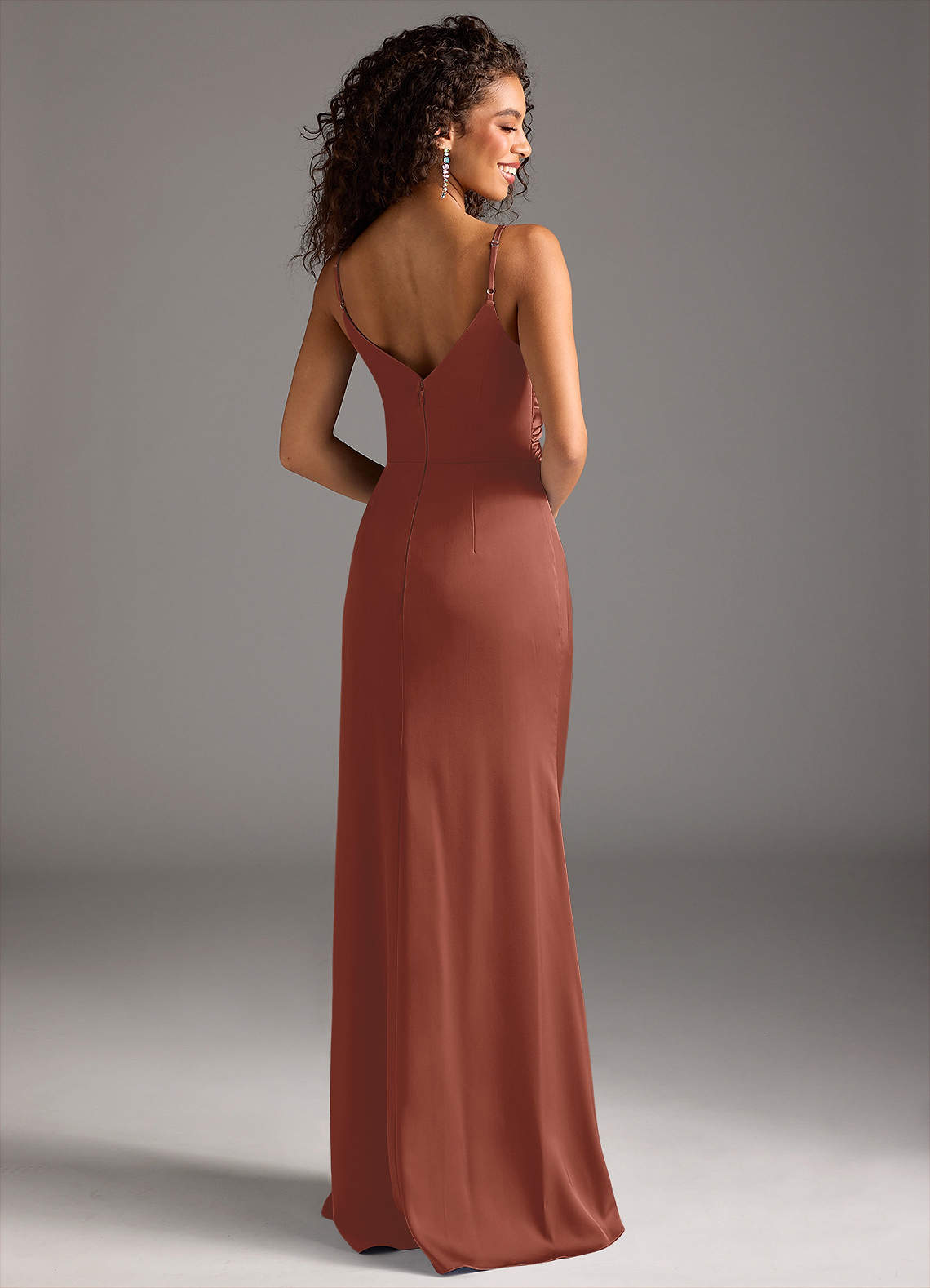Deandra Mermaid Cowl-Neck Stretch Satin Bridesmaid Dress in Auburn