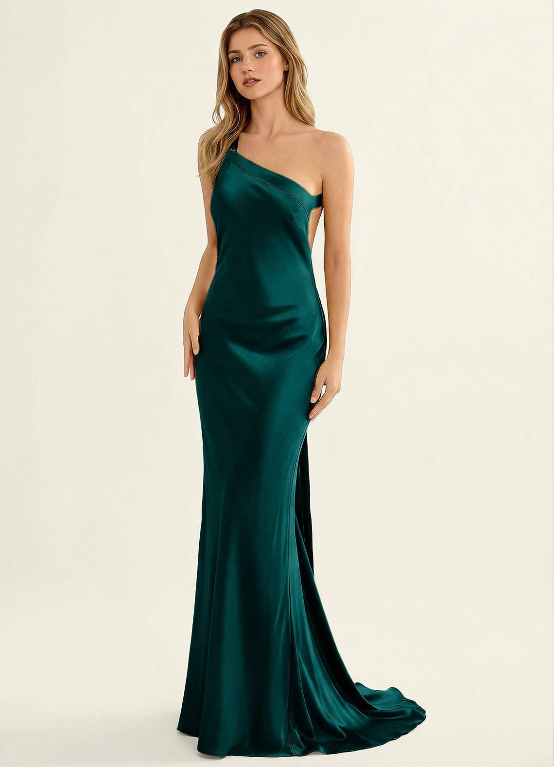 Persephone One-Shoulder Open-Back Satin Prom Dress in Peacock