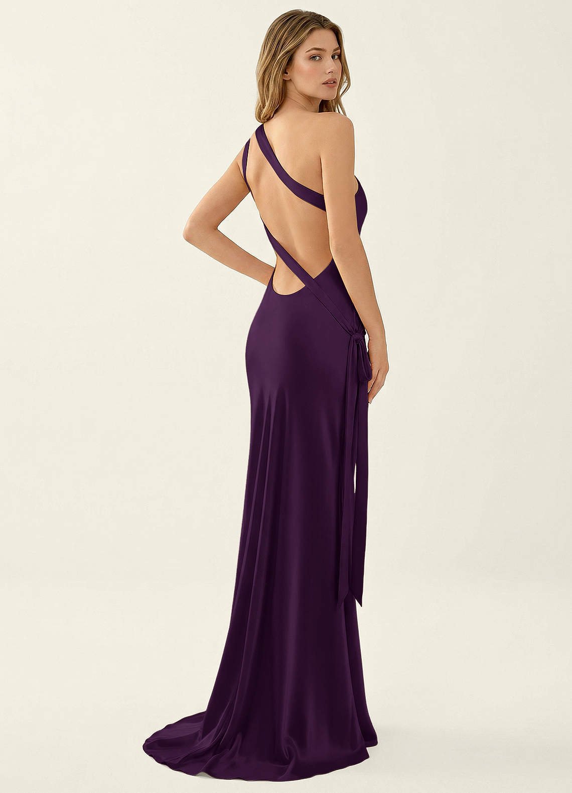 Persephone One-Shoulder Open-Back Satin Prom Dress in Grape