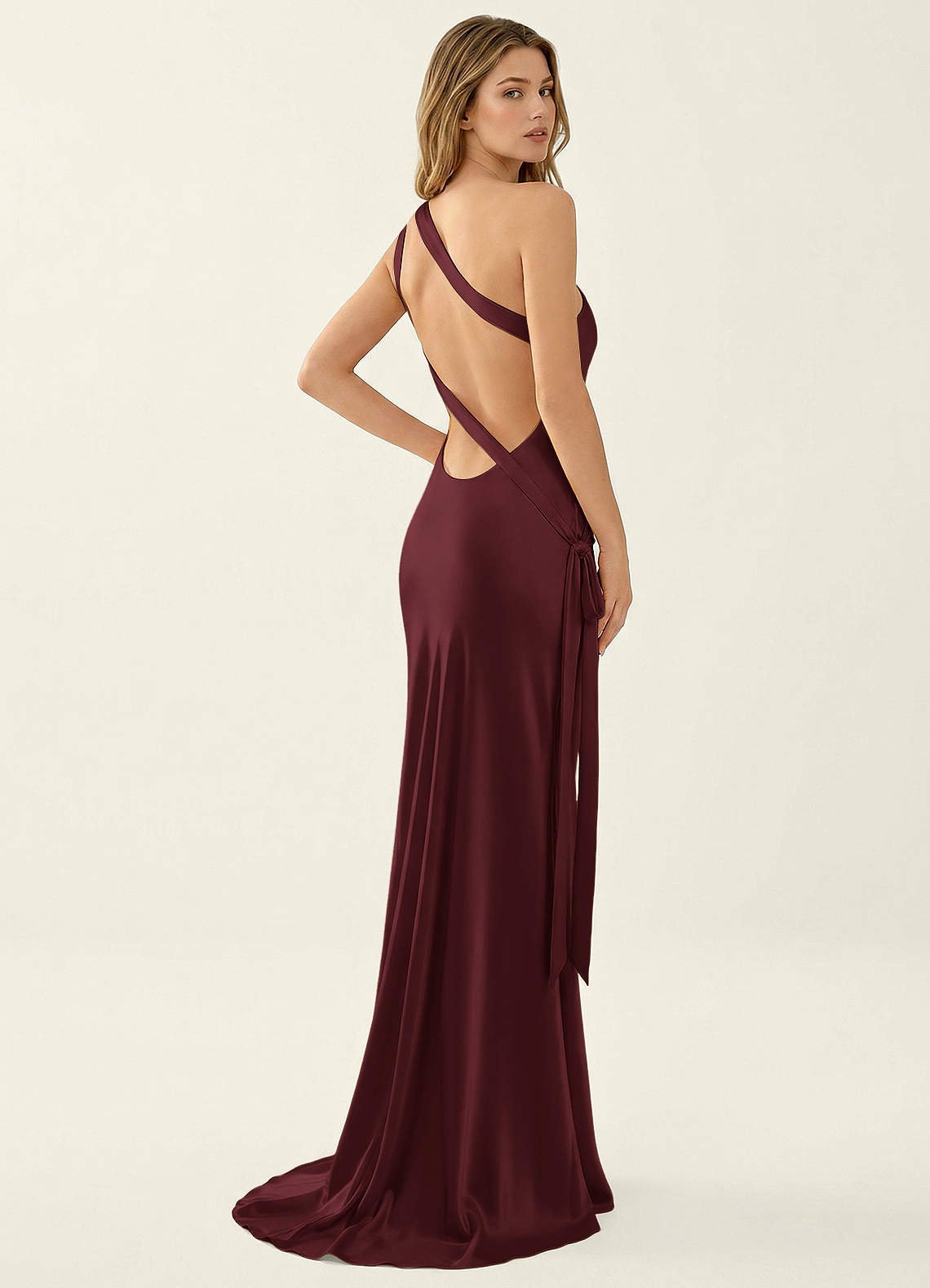 Persephone One-Shoulder Open-Back Satin Prom Dress in Wine