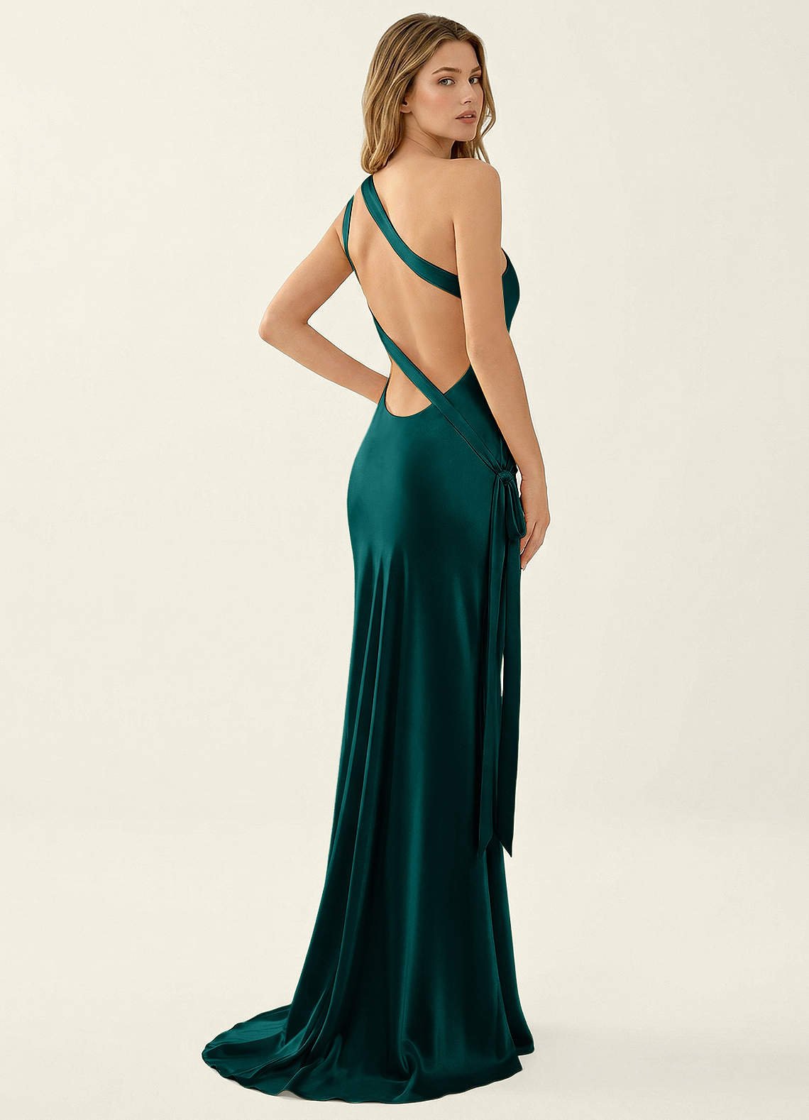 Persephone One-Shoulder Open-Back Satin Prom Dress in Peacock