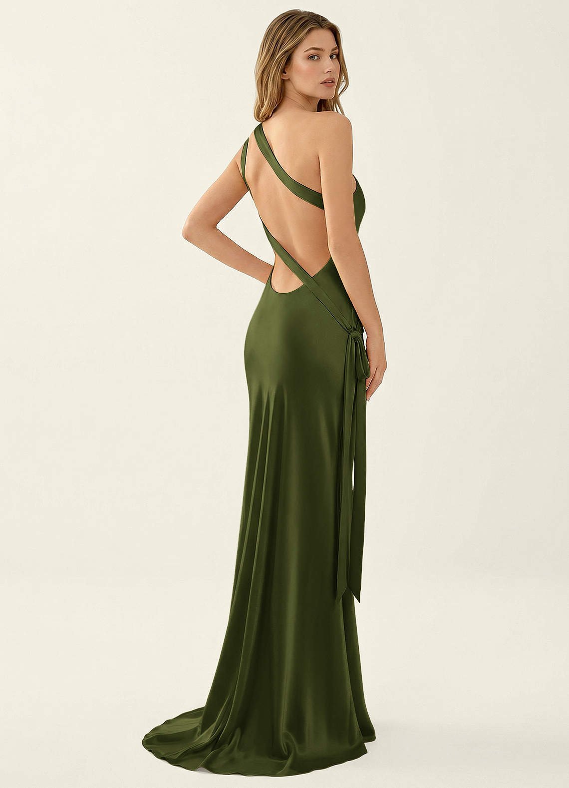 Persephone One-Shoulder Open-Back Satin Prom Dress in Olive