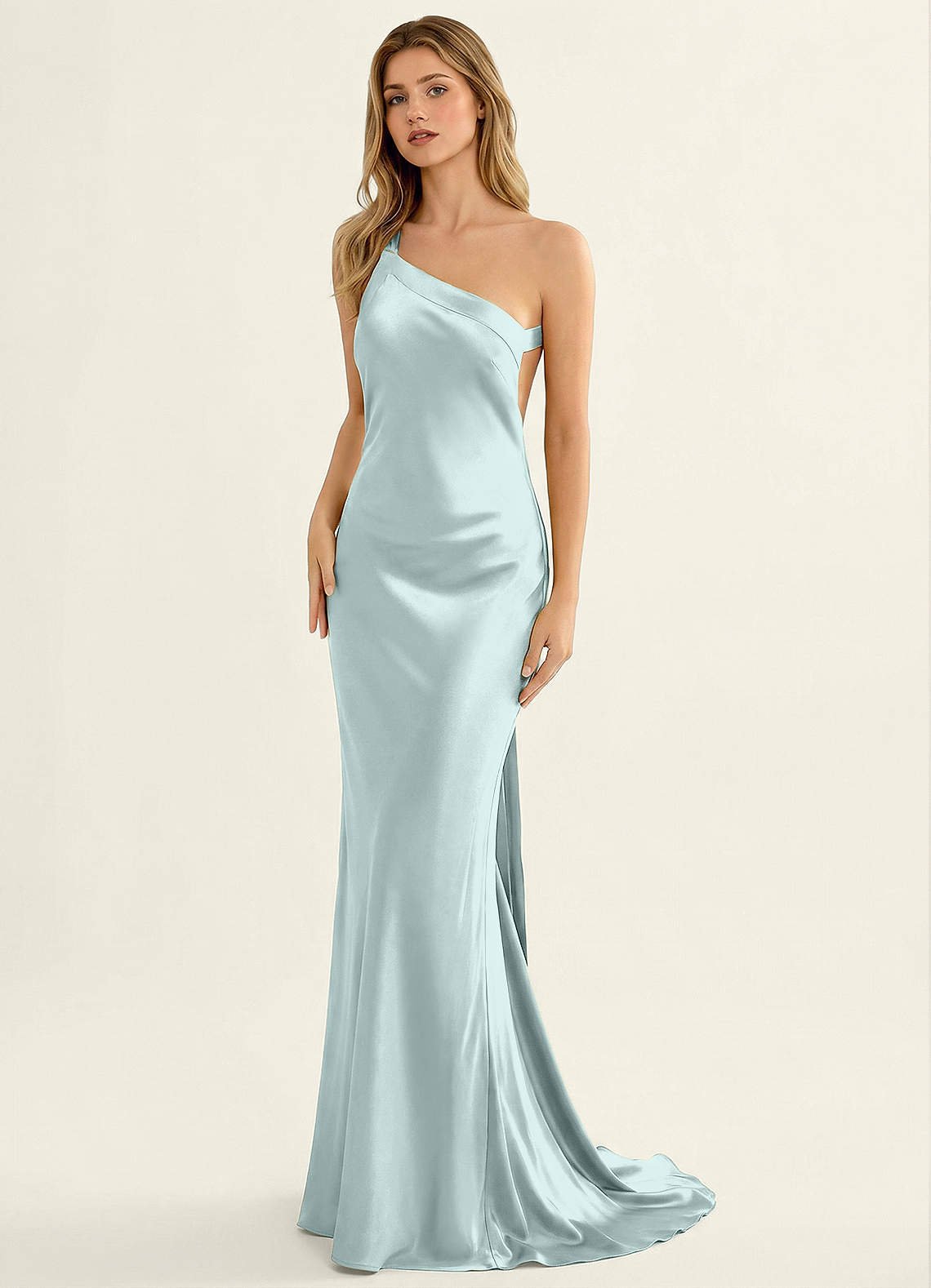 Persephone One-Shoulder Open-Back Satin Prom Dress in Mist