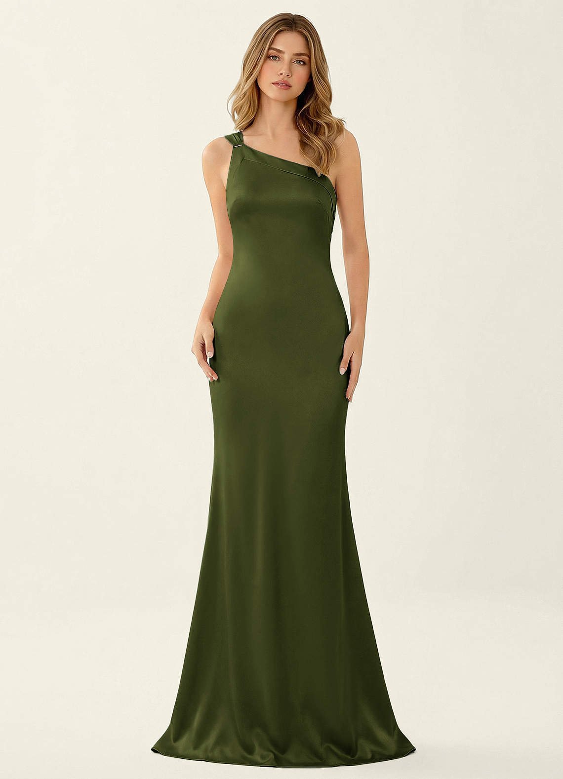 Persephone One-Shoulder Open-Back Satin Prom Dress in Olive