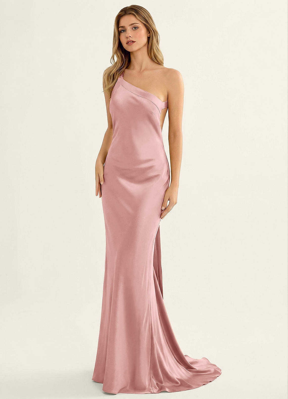 Persephone One-Shoulder Open-Back Satin Prom Dress in Powder Pink