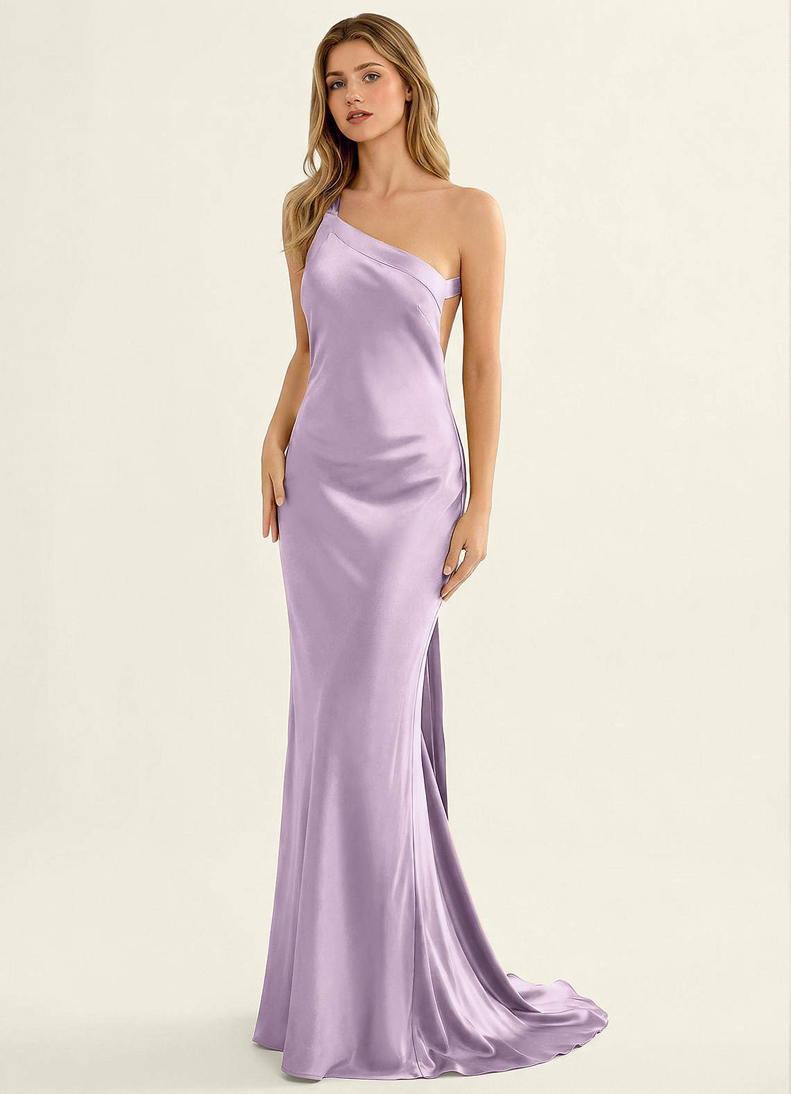 Persephone One-Shoulder Open-Back Satin Prom Dress in Frosted Lilac