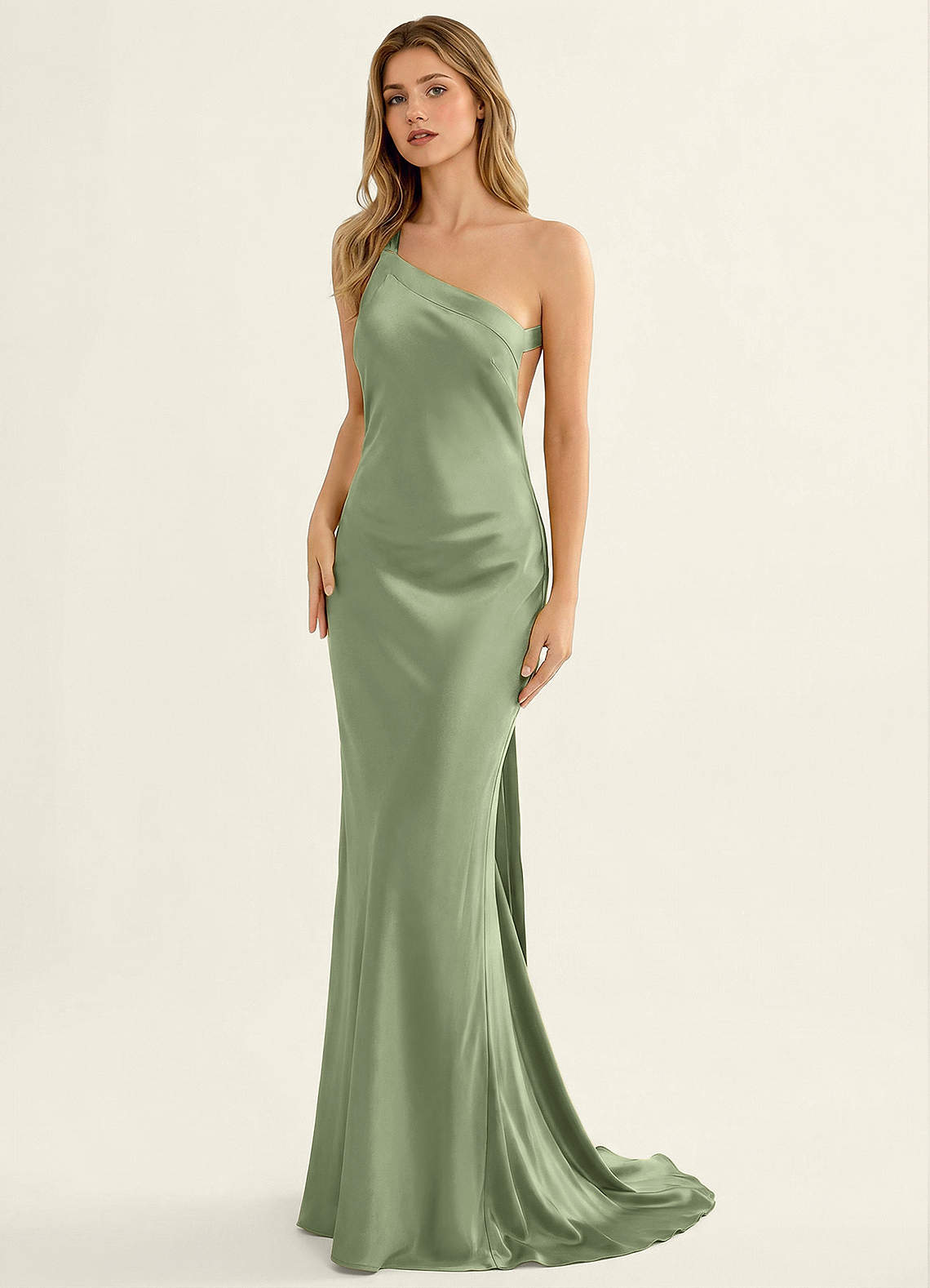 Persephone One-Shoulder Open-Back Satin Prom Dress in Light Green