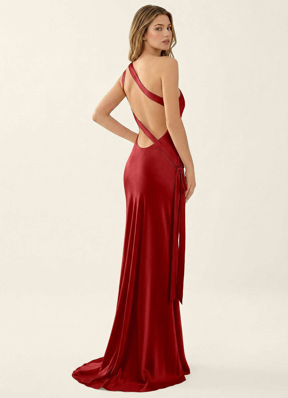 Persephone One-Shoulder Open-Back Satin Prom Dress in Merlot