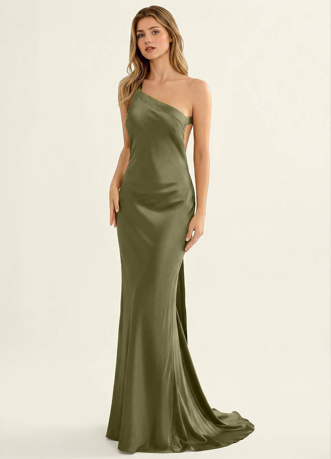 Persephone One-Shoulder Open-Back Satin Prom Dress in Agave Green