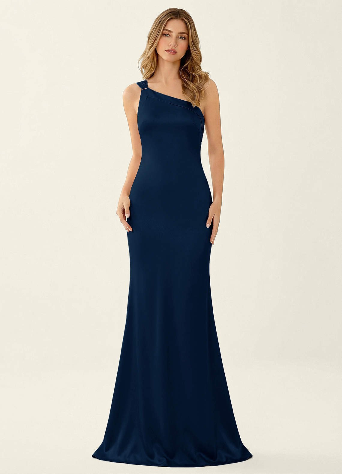 Persephone One-Shoulder Open-Back Satin Prom Dress in Navy