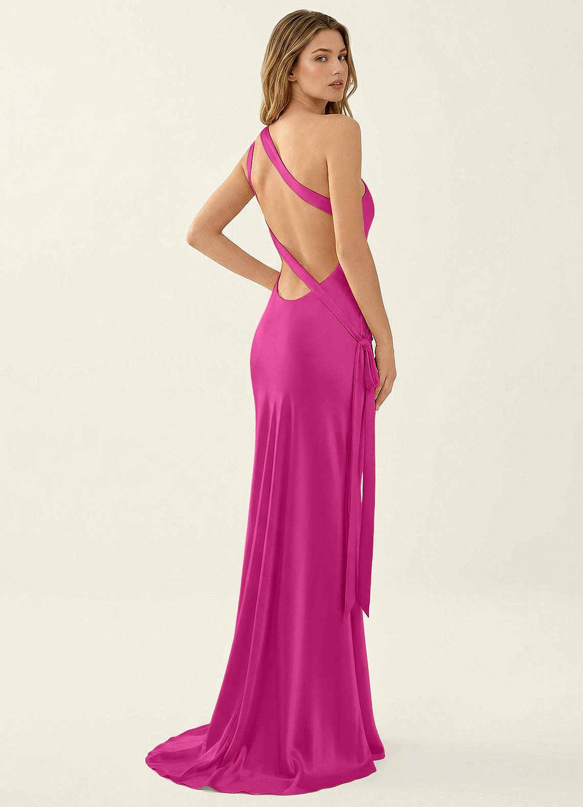 Persephone One-Shoulder Open-Back Satin Prom Dress in Hot Pink