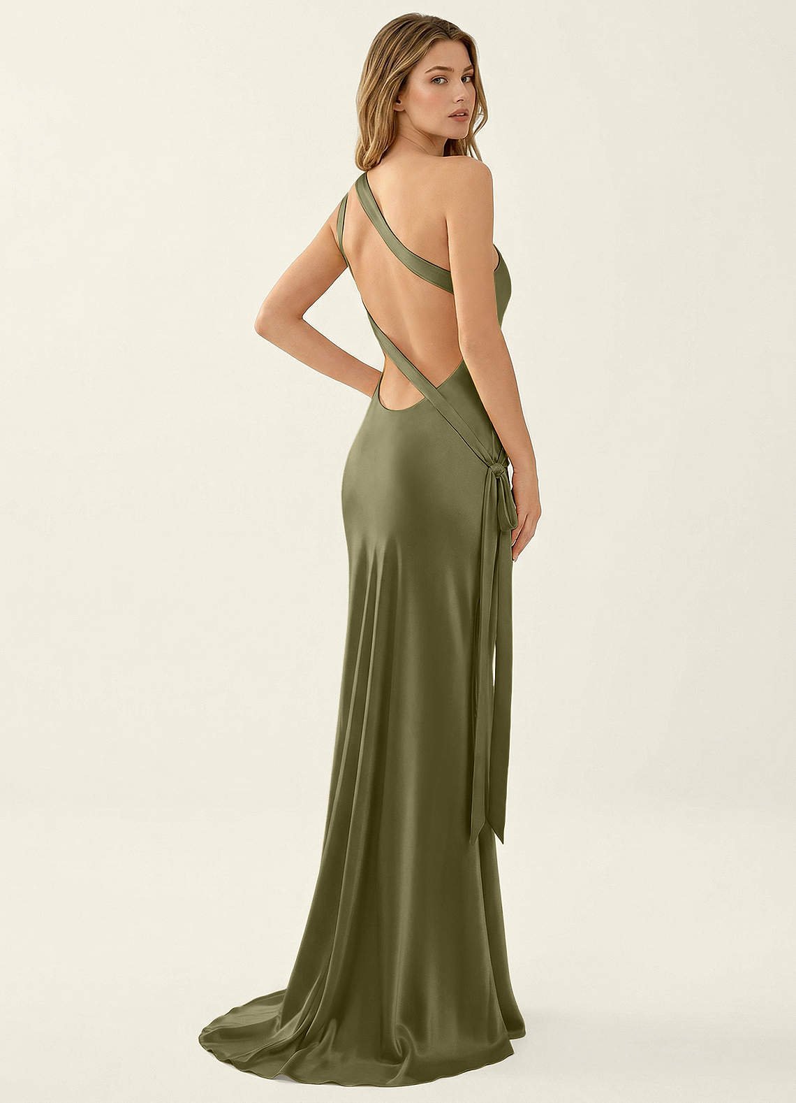 Persephone One-Shoulder Open-Back Satin Prom Dress in Agave Green