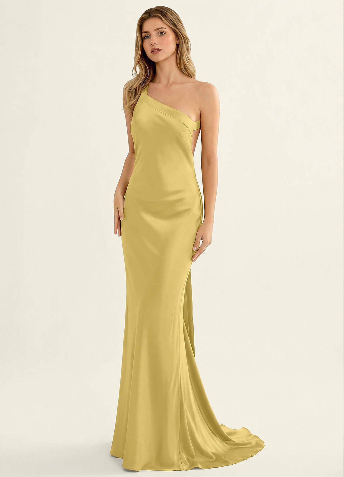 Persephone One-Shoulder Open-Back Satin Prom Dress in Pastel Yellow