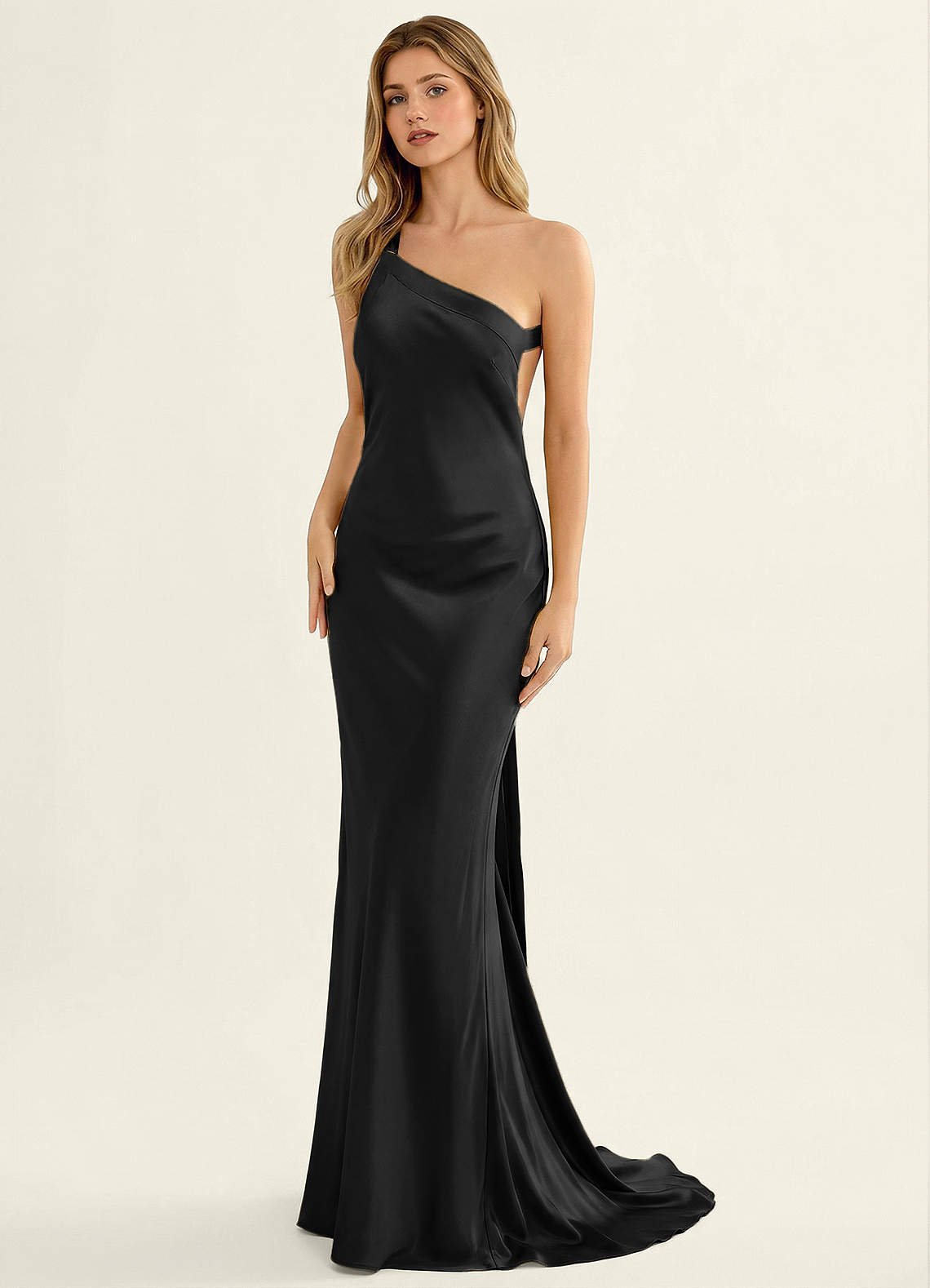 Persephone One-Shoulder Open-Back Satin Prom Dress in black