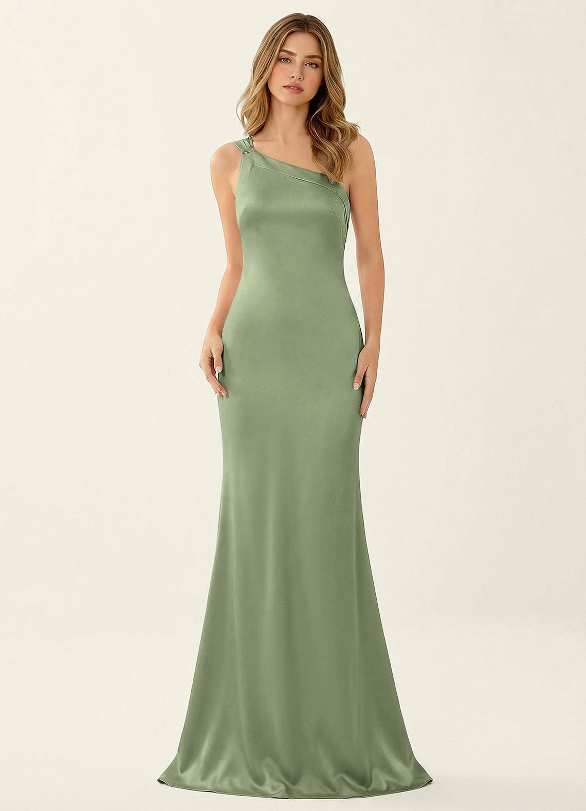 Persephone One-Shoulder Open-Back Satin Prom Dress in Light Green