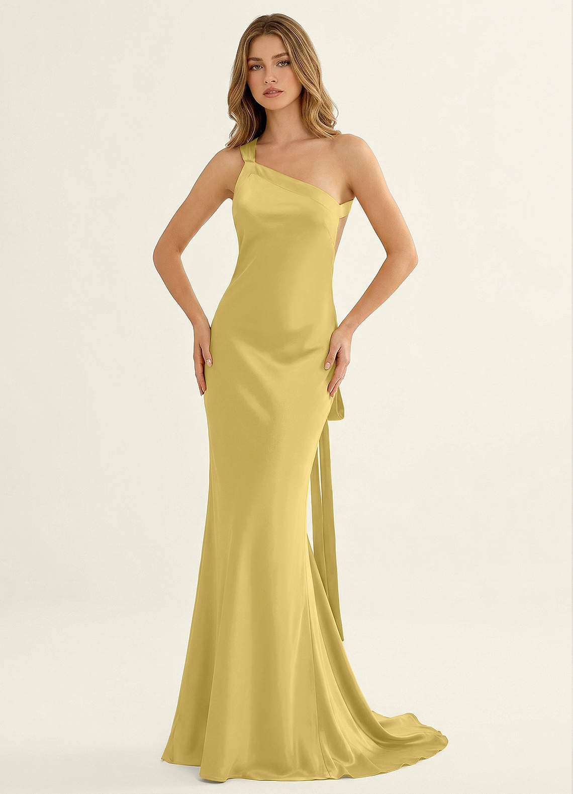 Persephone One-Shoulder Open-Back Satin Prom Dress in Pastel Yellow