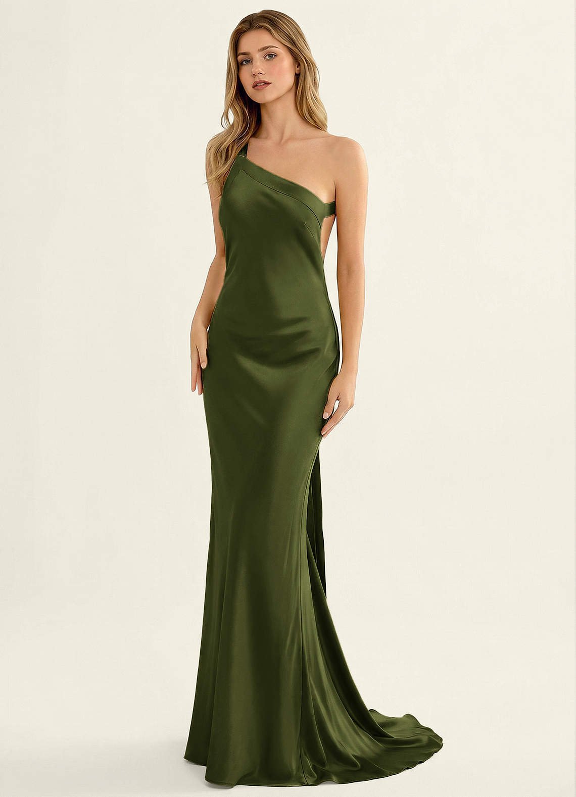Persephone One-Shoulder Open-Back Satin Prom Dress in Olive