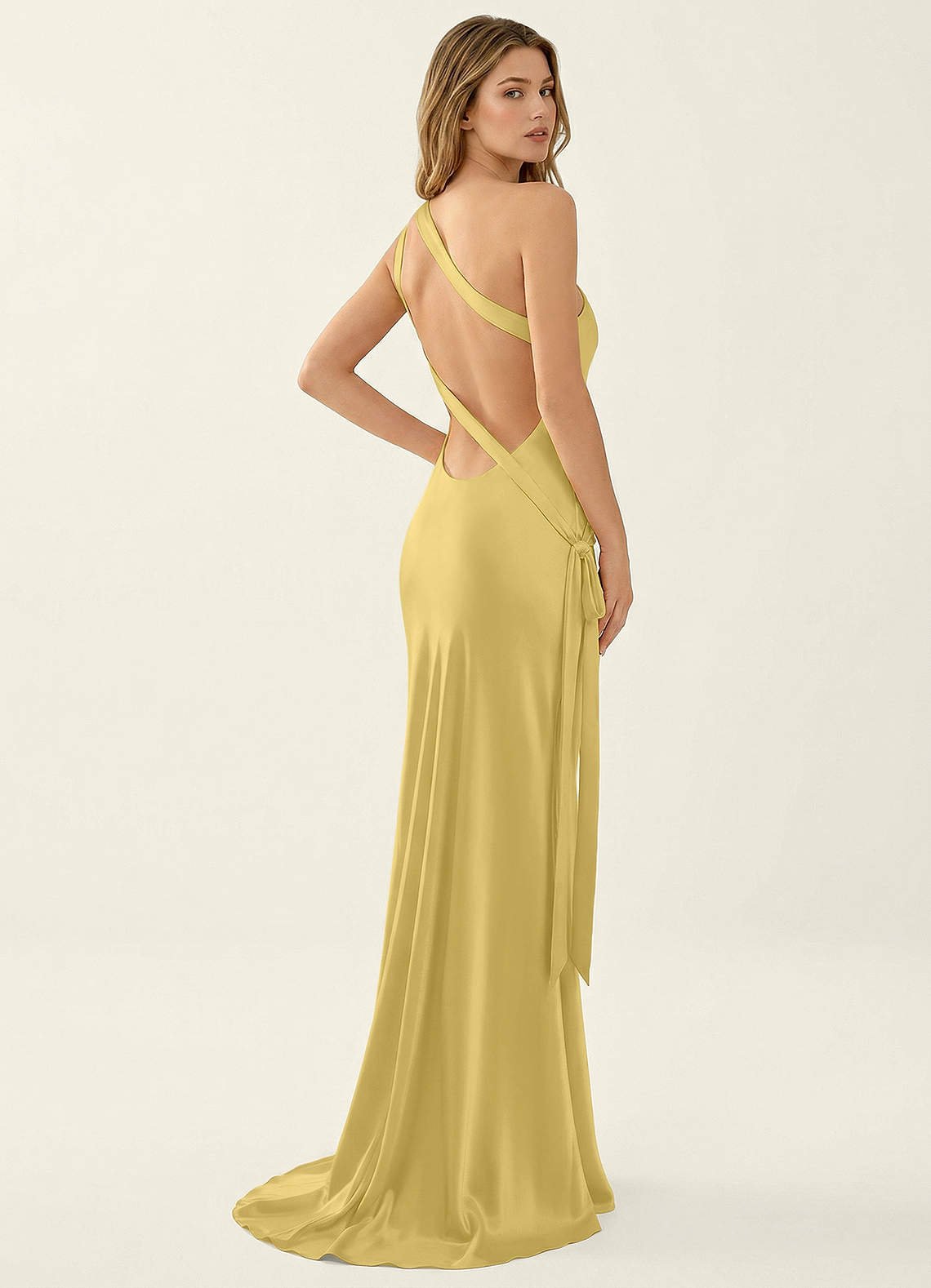 Persephone One-Shoulder Open-Back Satin Prom Dress in Pastel Yellow