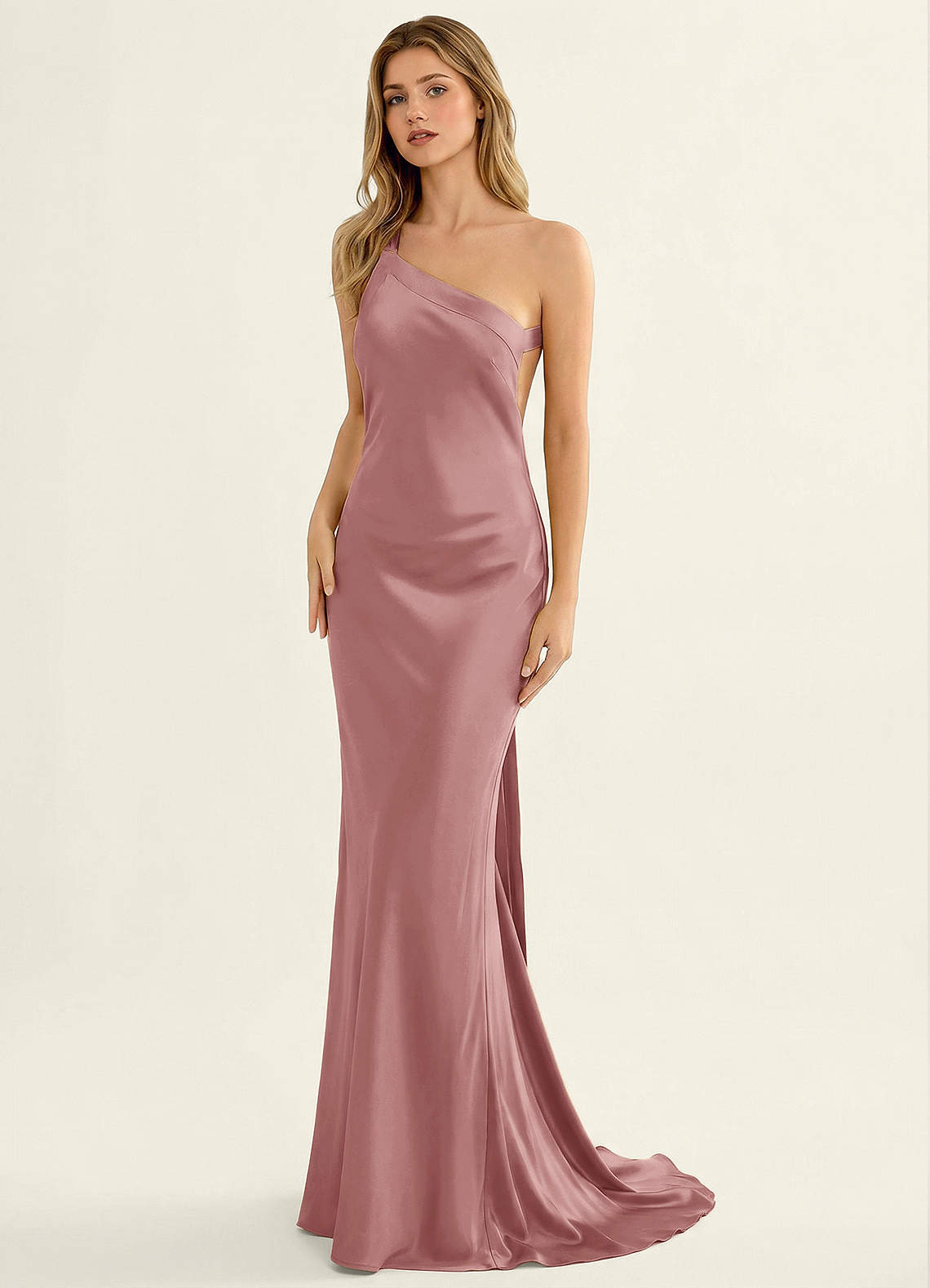 Persephone One-Shoulder Open-Back Satin Prom Dress in Dusty Pink