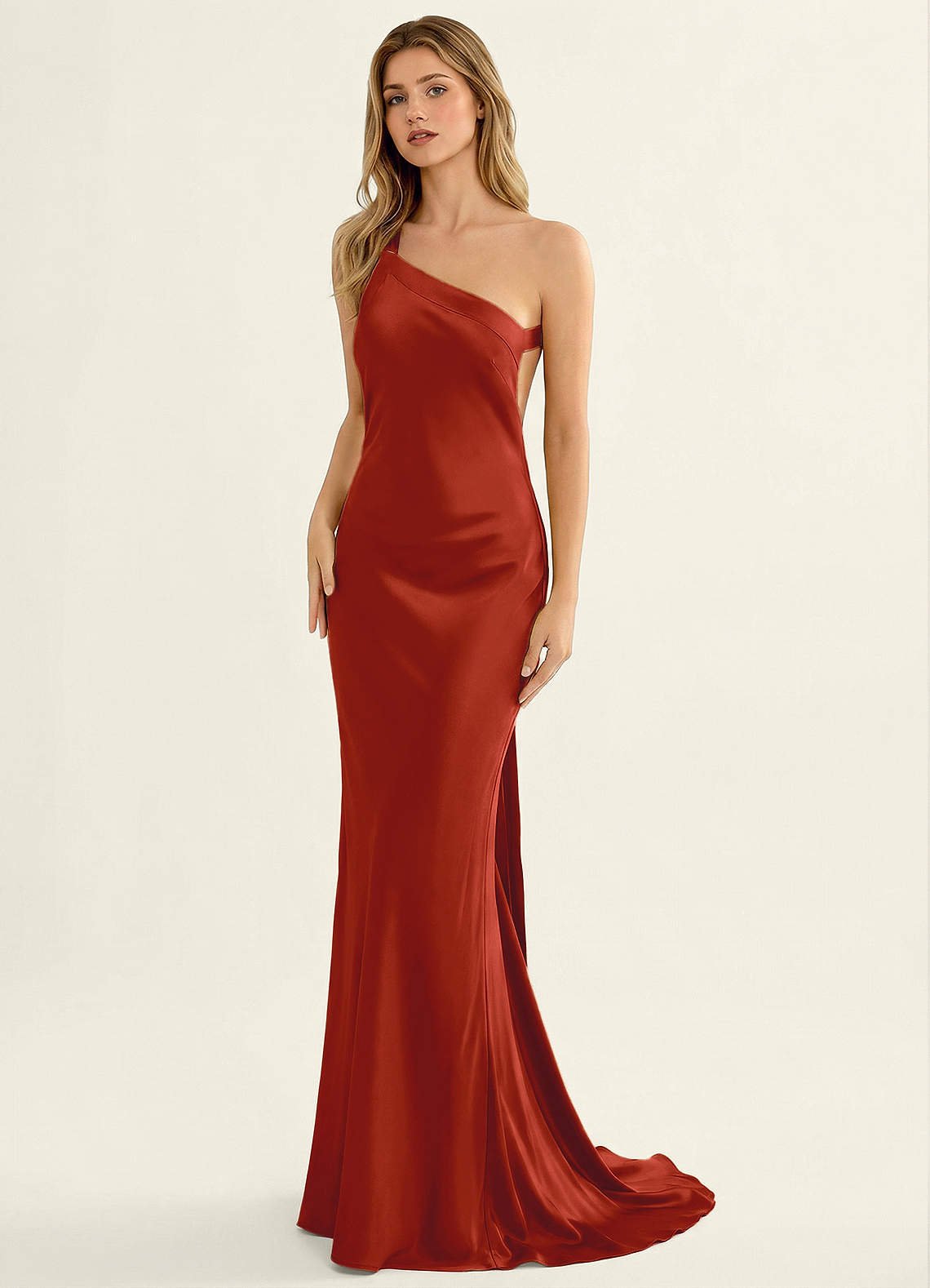 Persephone One-Shoulder Open-Back Satin Prom Dress in Rust
