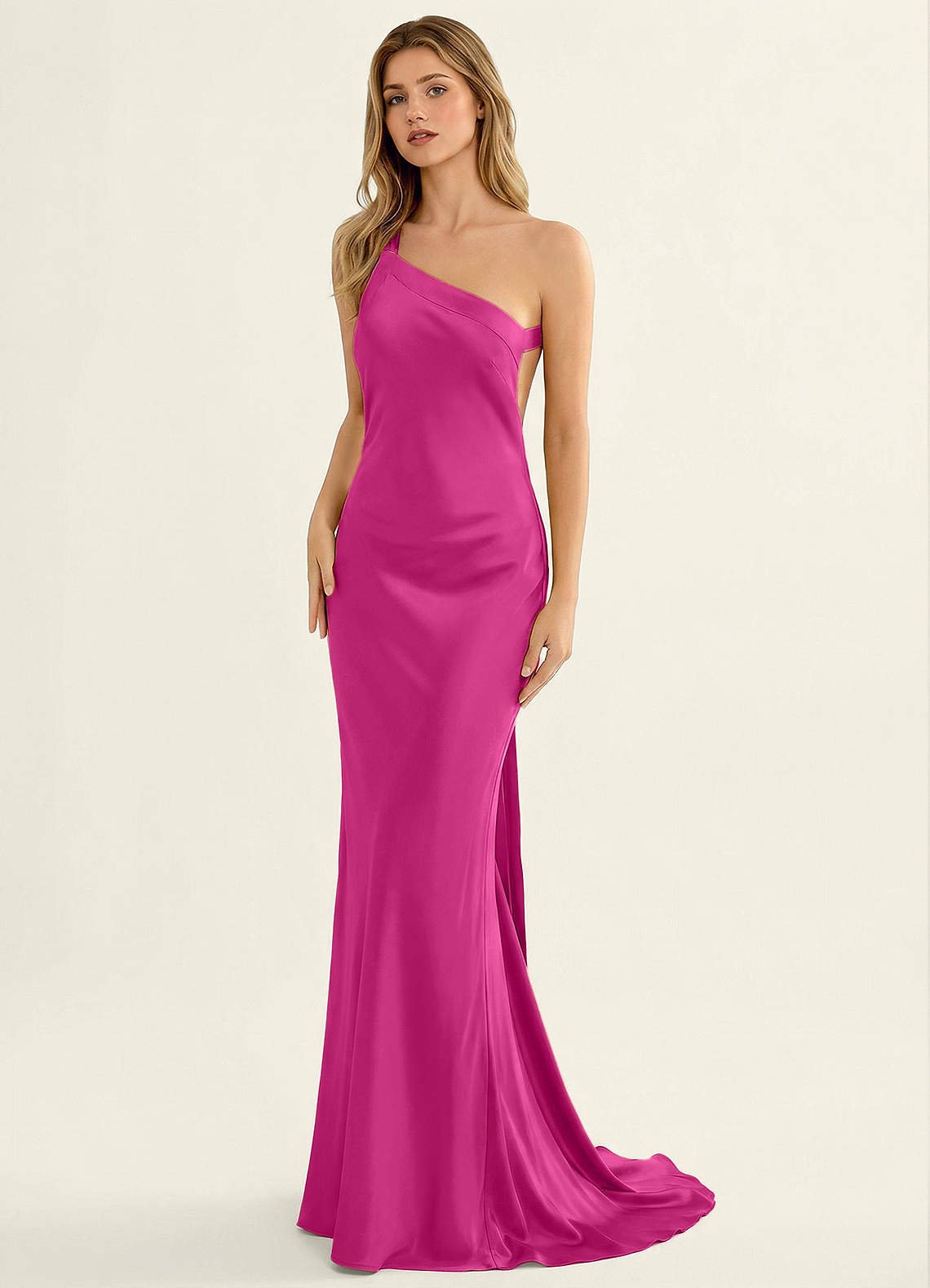 Persephone One-Shoulder Open-Back Satin Prom Dress in Hot Pink
