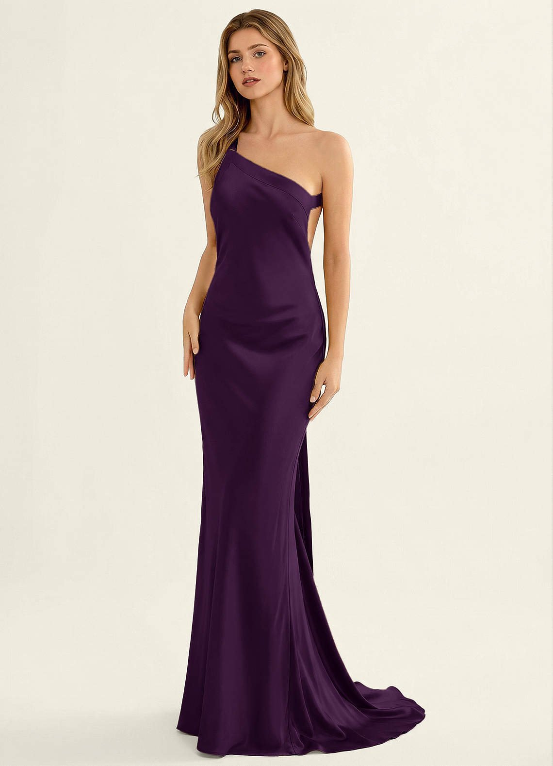 Persephone One-Shoulder Open-Back Satin Prom Dress in Grape