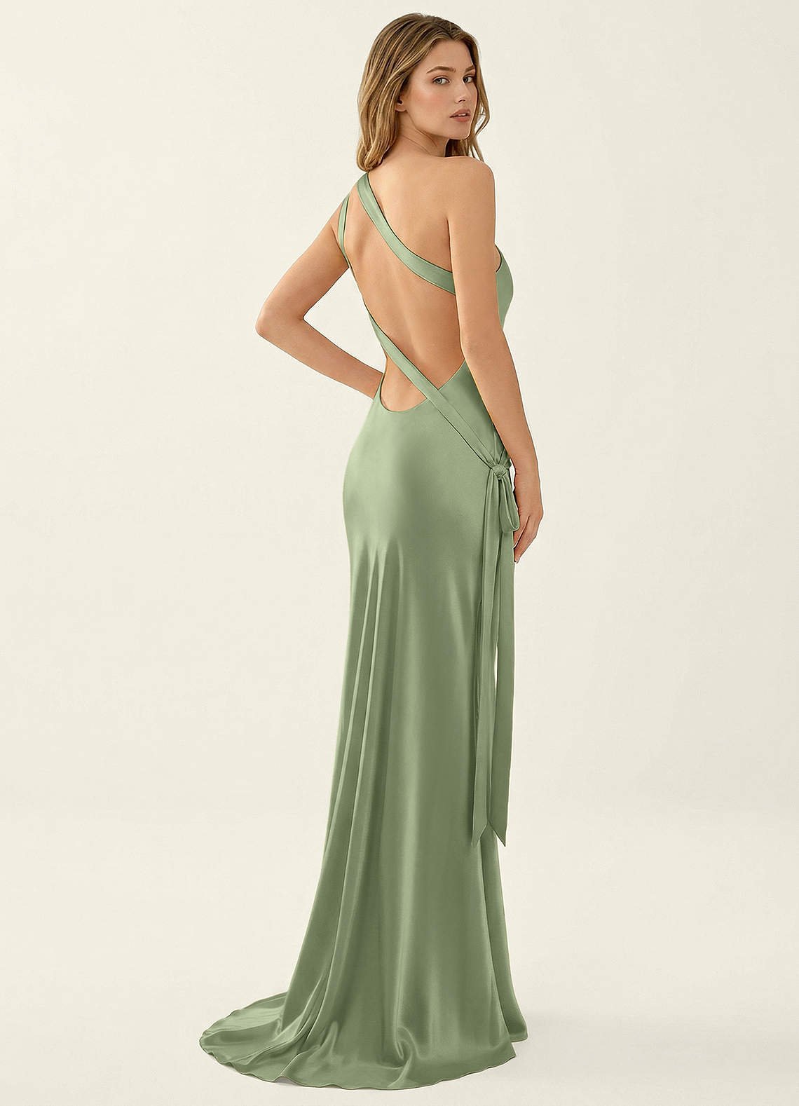 Persephone One-Shoulder Open-Back Satin Prom Dress in Light Green