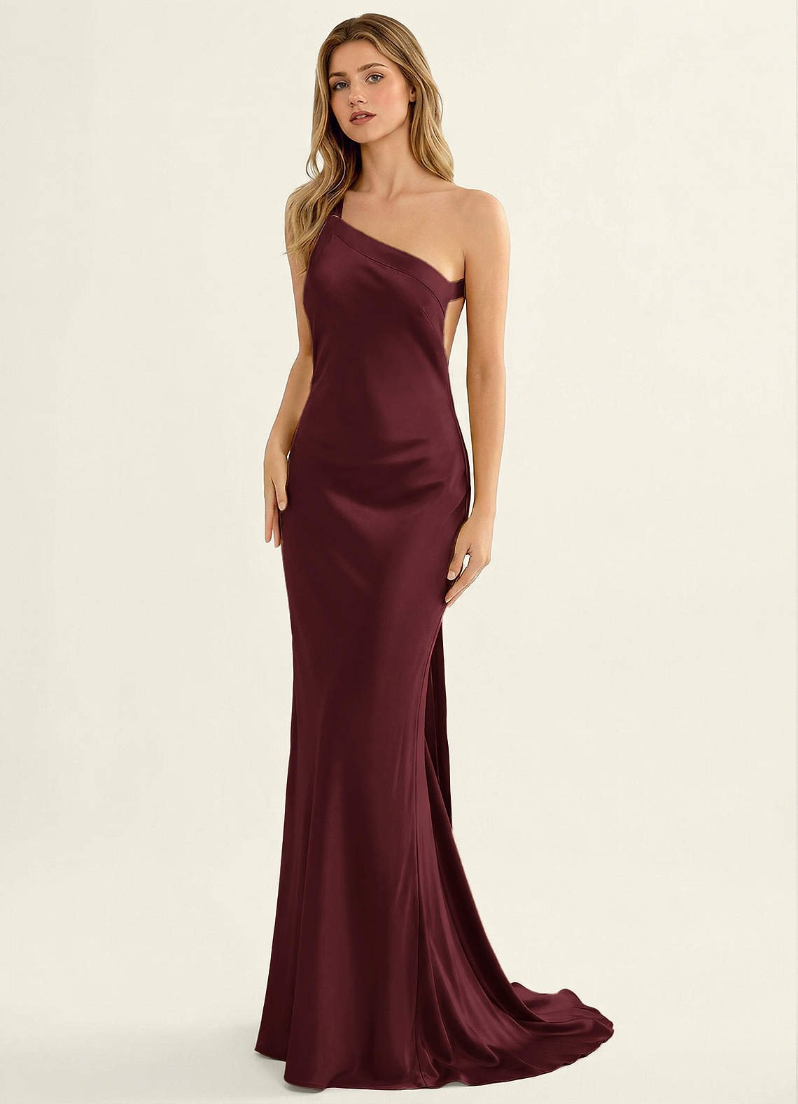 Persephone One-Shoulder Open-Back Satin Prom Dress in Wine