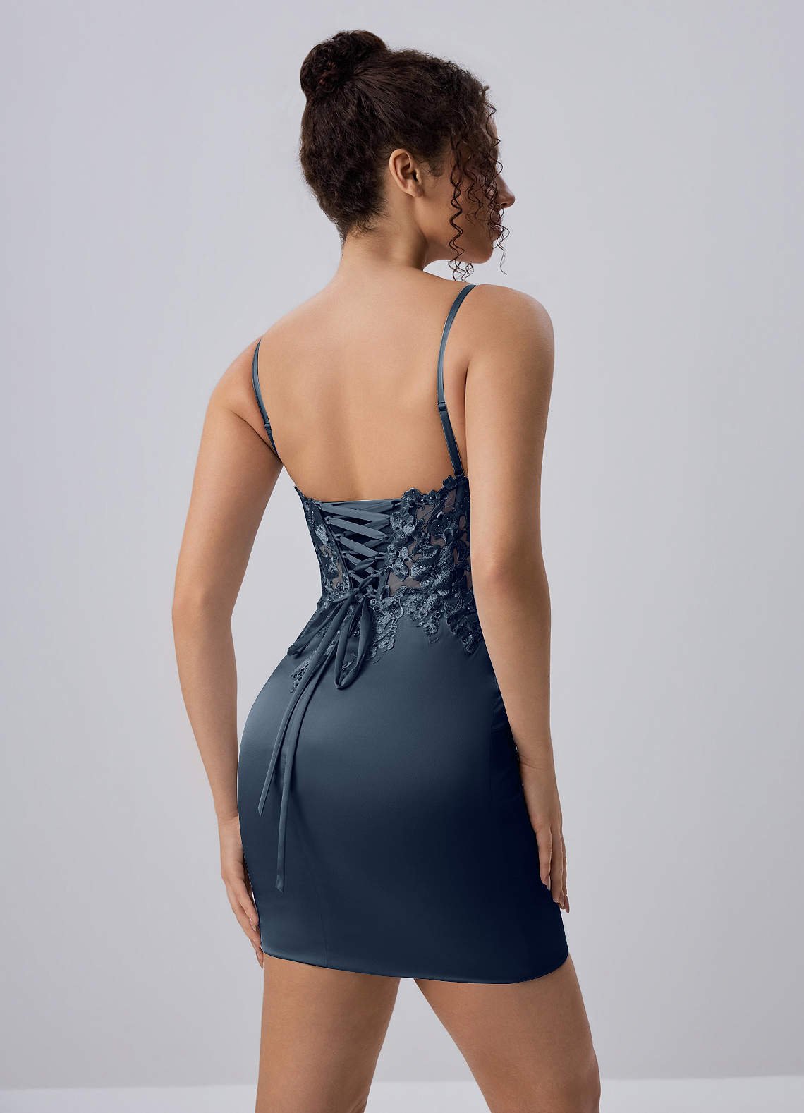 Persephonella Mini Corset Ruched Satin Lace Prom Dress in Navy