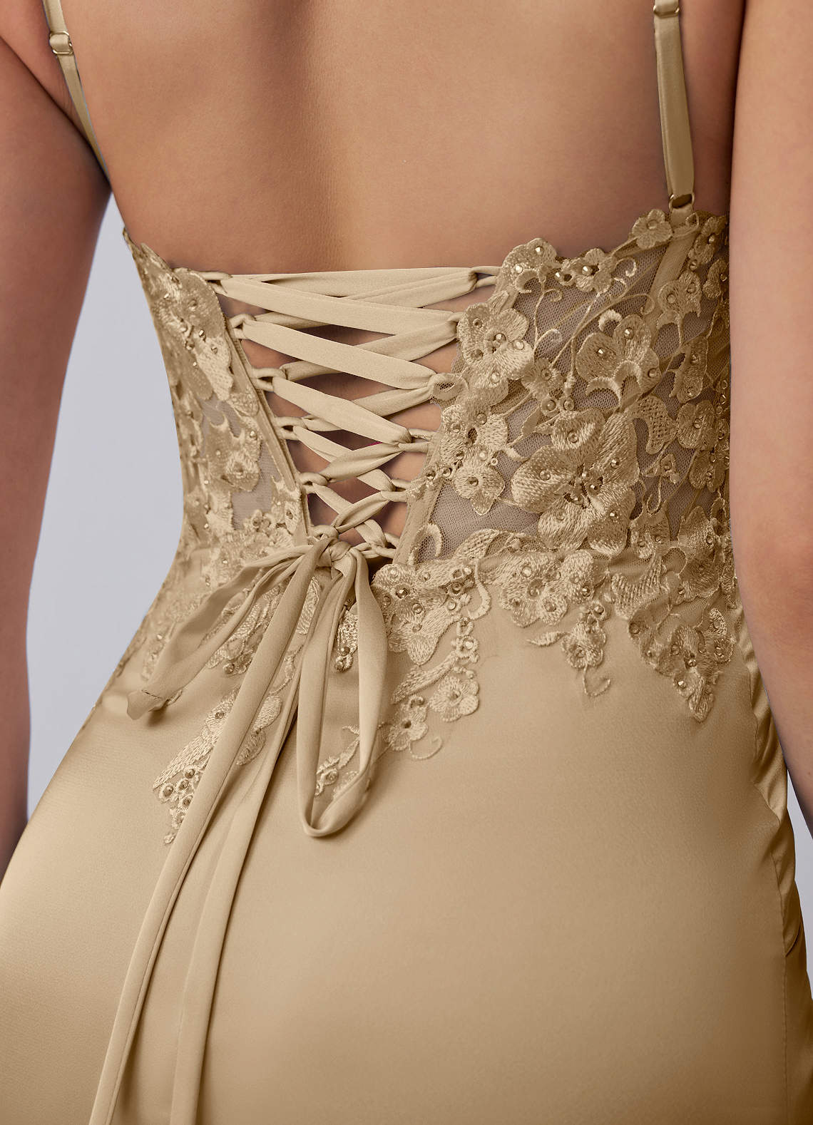 Persephonella Mini Corset Ruched Satin Lace Prom Dress in champagne