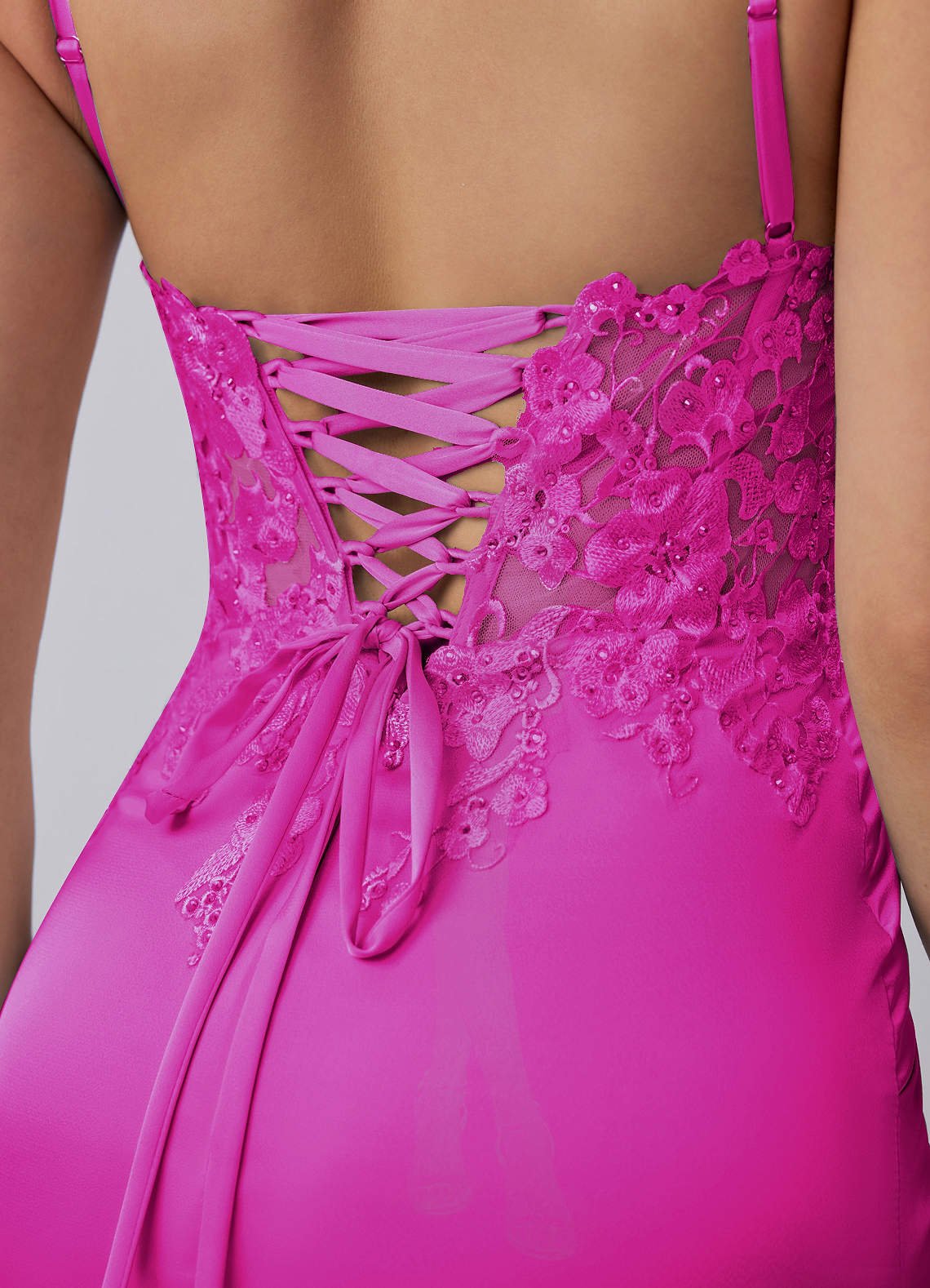 Persephonella Mini Corset Ruched Satin Lace Prom Dress in Fuchsia