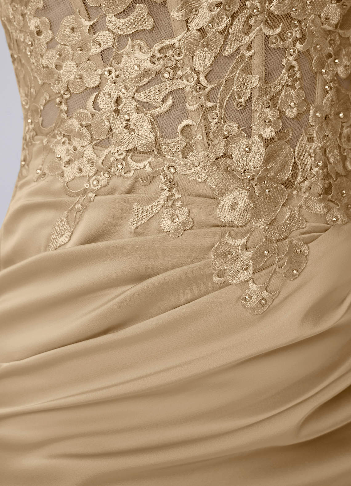 Persephonella Mini Corset Ruched Satin Lace Prom Dress in champagne