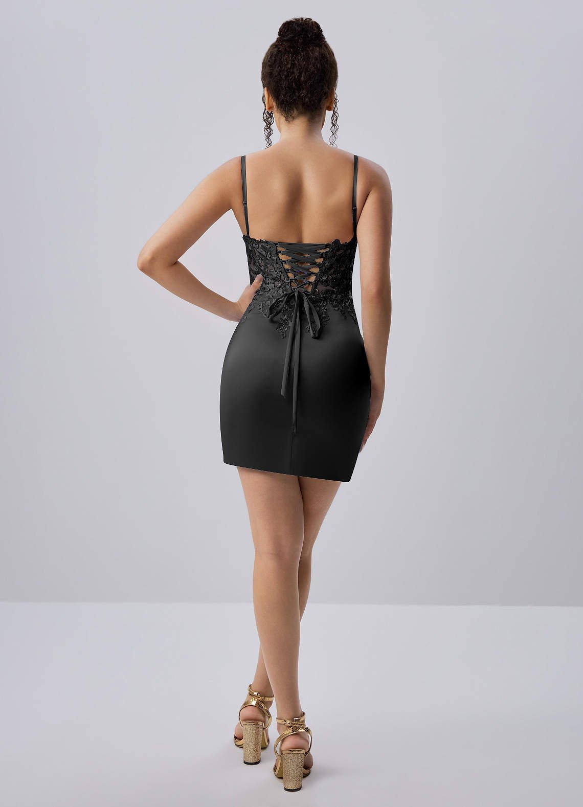 Persephonella Mini Corset Ruched Satin Lace Prom Dress in black